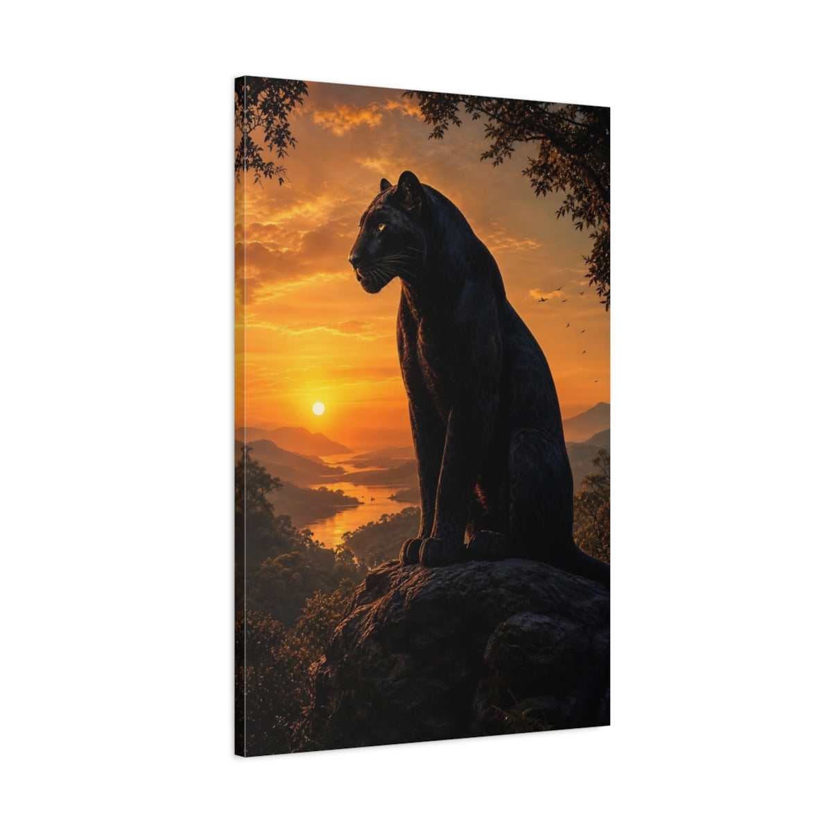 Main Mockup. Animals Black Panther Black And Orange shown as stretched canvas wall art