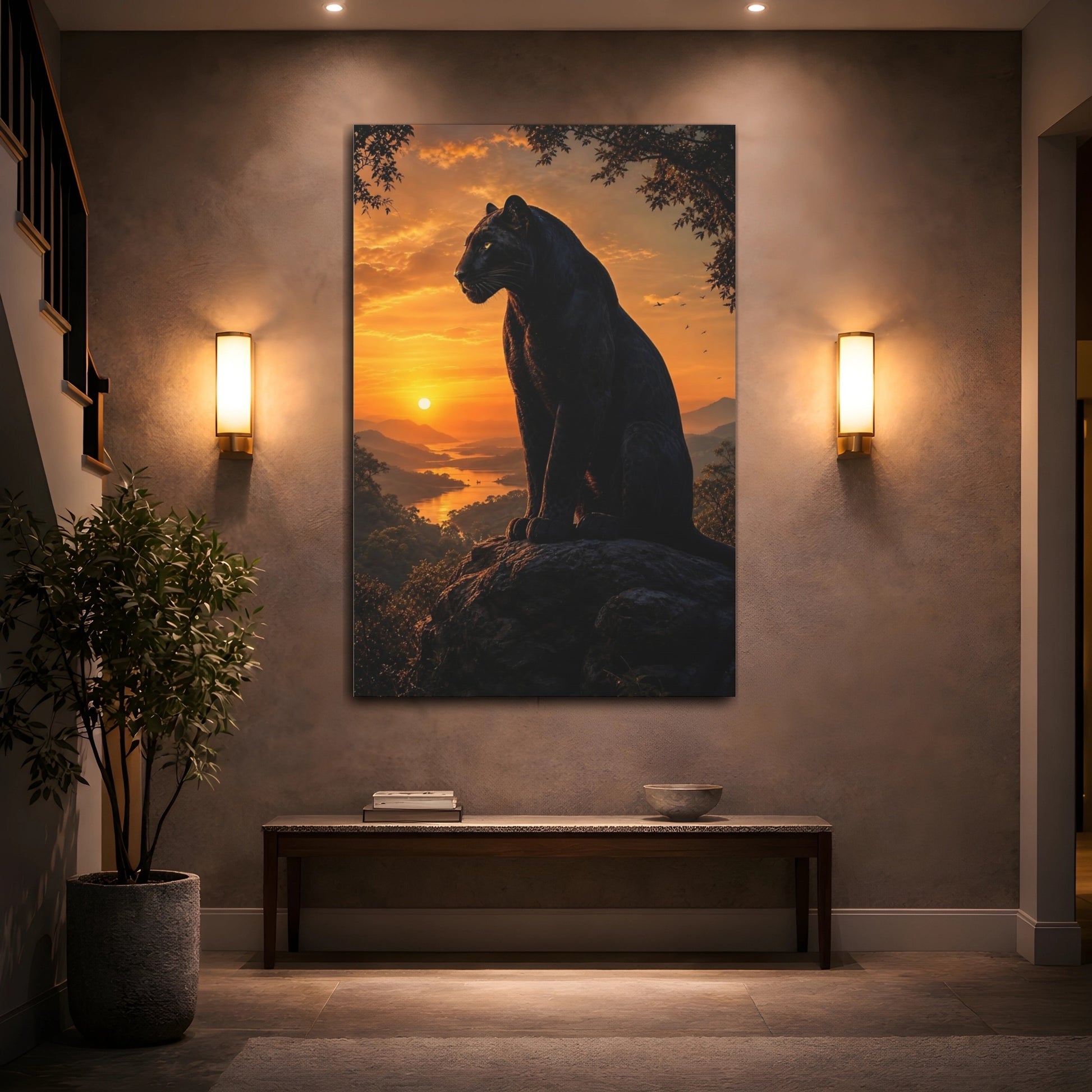 Mockup 2. Animals Black Panther Black And Orange shown as stretched canvas wall art