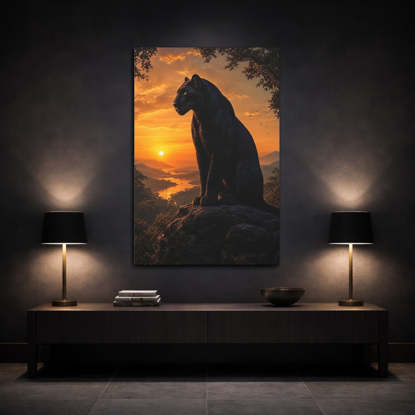 Mockup 3. Animals Black Panther Black And Orange shown as stretched canvas wall art
