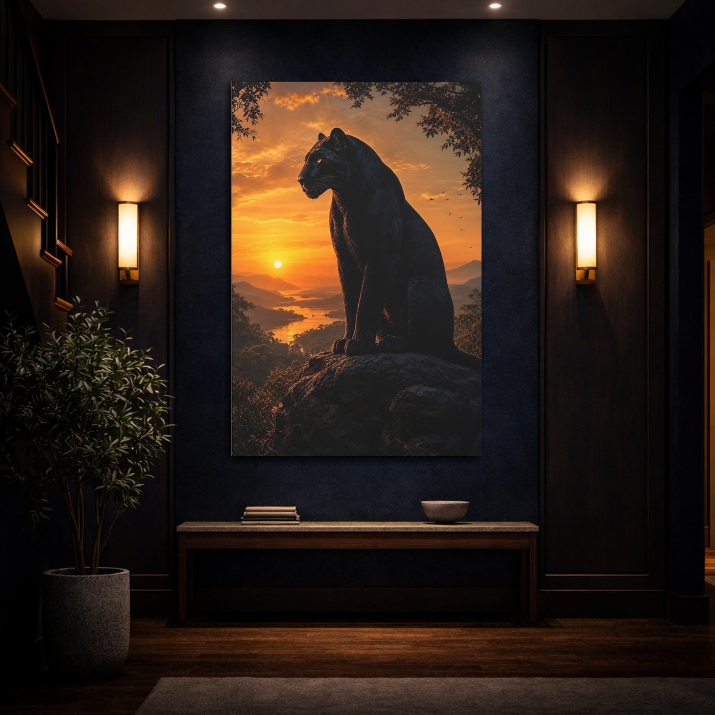 Mockup 4. Animals Black Panther Black And Orange shown as stretched canvas wall art