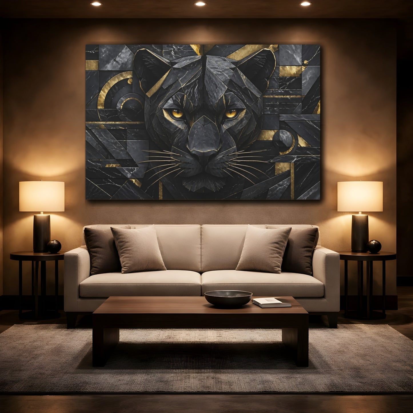 Mockup 2. Animals Black Panther Black Gold Panther shown as stretched canvas wall art
