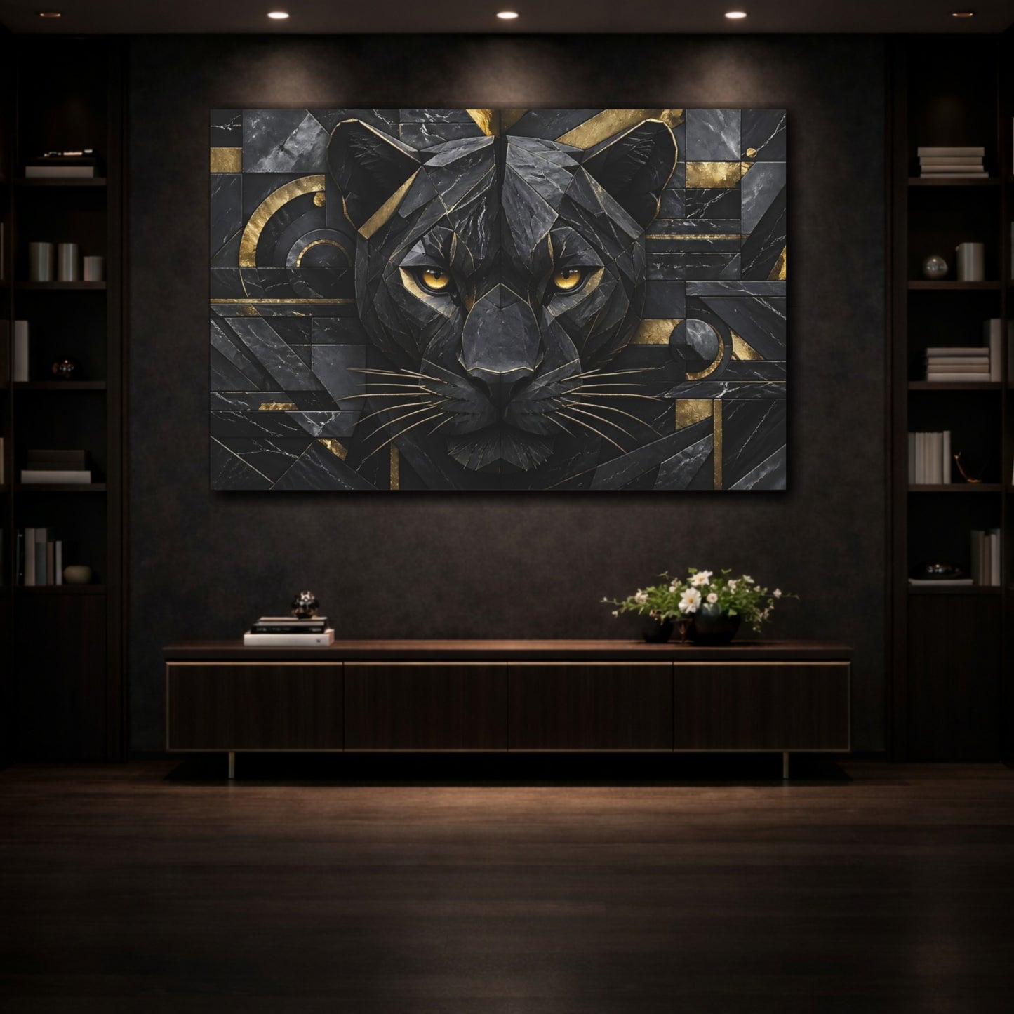 Mockup 3. Animals Black Panther Black Gold Panther shown as stretched canvas wall art