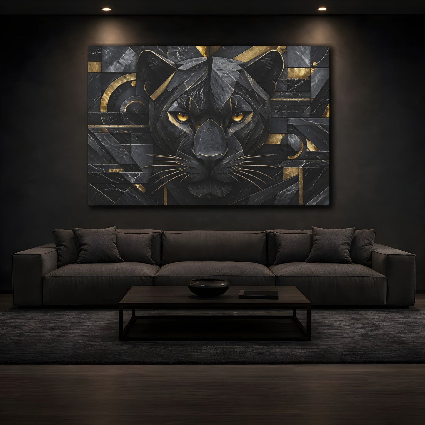 Mockup 4. Animals Black Panther Black Gold Panther shown as stretched canvas wall art