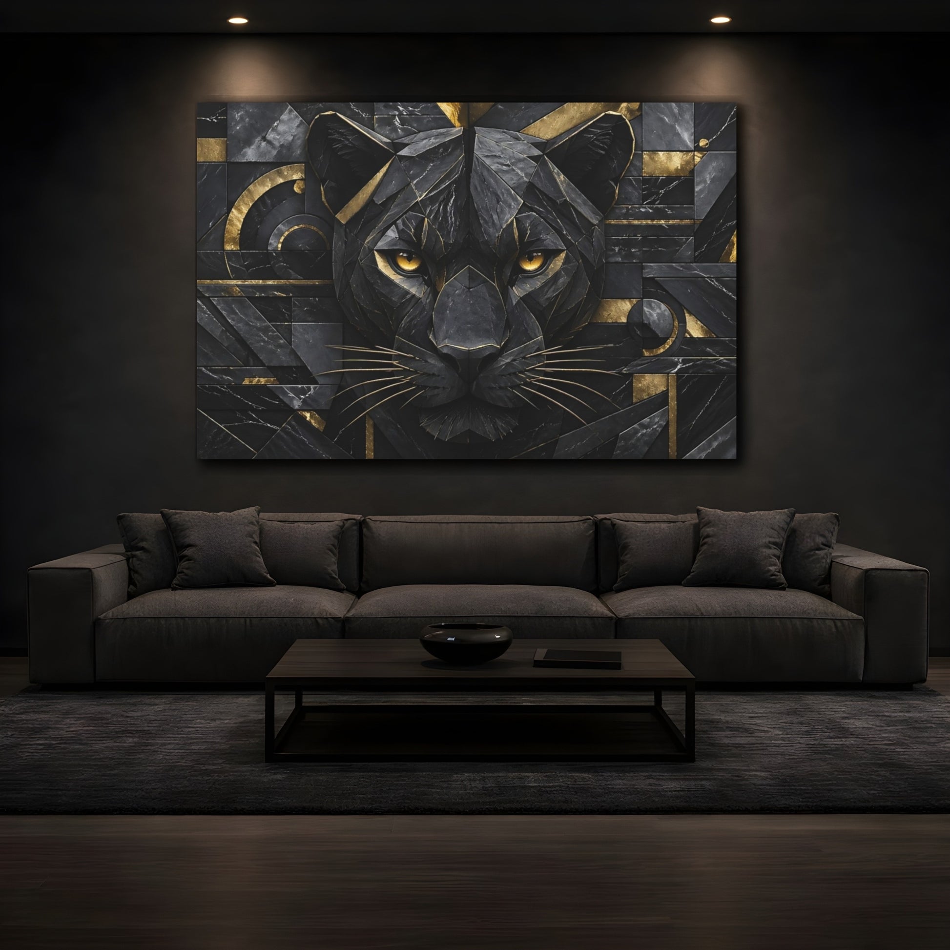 Mockup 4. Animals Black Panther Black Gold Panther shown as stretched canvas wall art