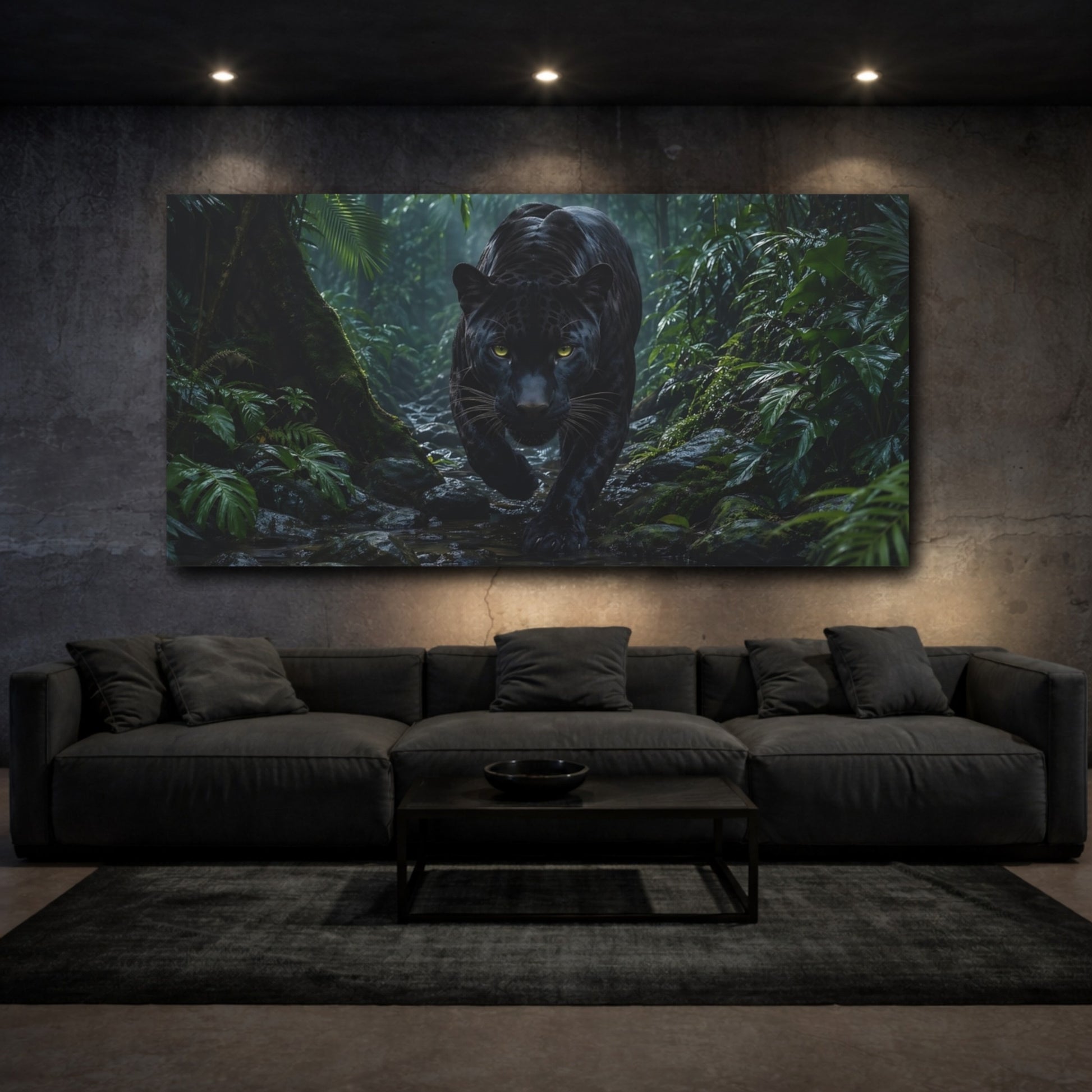 Mockup 2. Animals Black Panther Black Panther Jungle shown as stretched canvas wall art