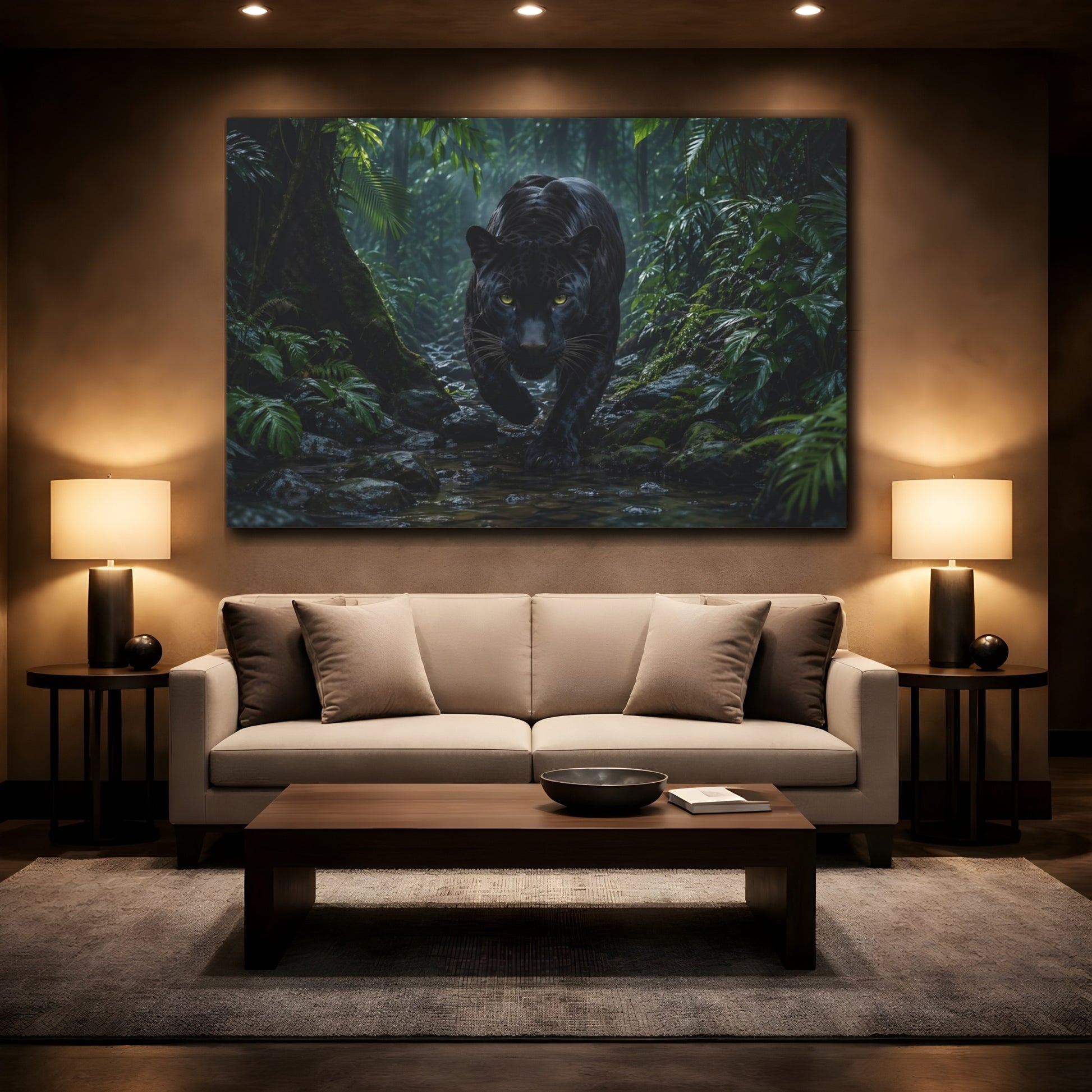 Mockup 2. Animals Black Panther Black Panther Jungle shown as stretched canvas wall art