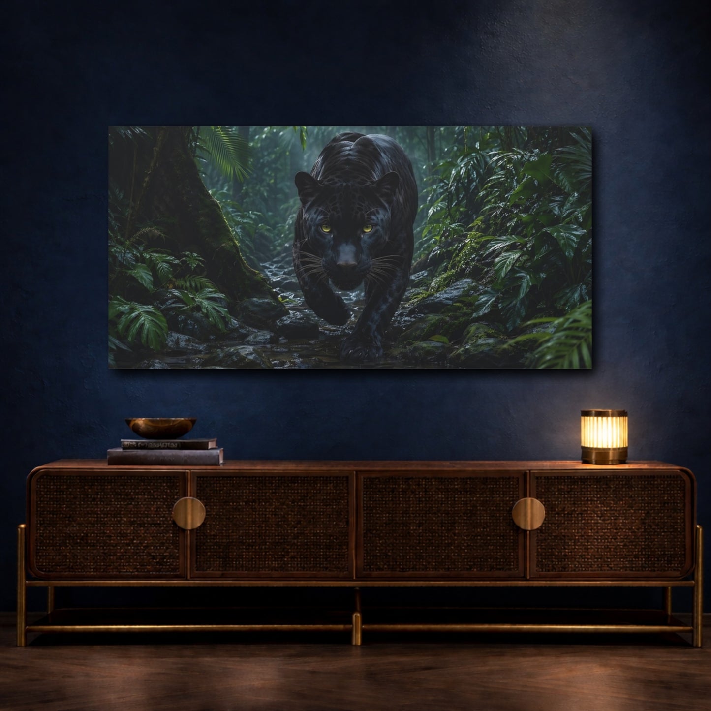 Mockup 4. Animals Black Panther Black Panther Jungle shown as stretched canvas wall art