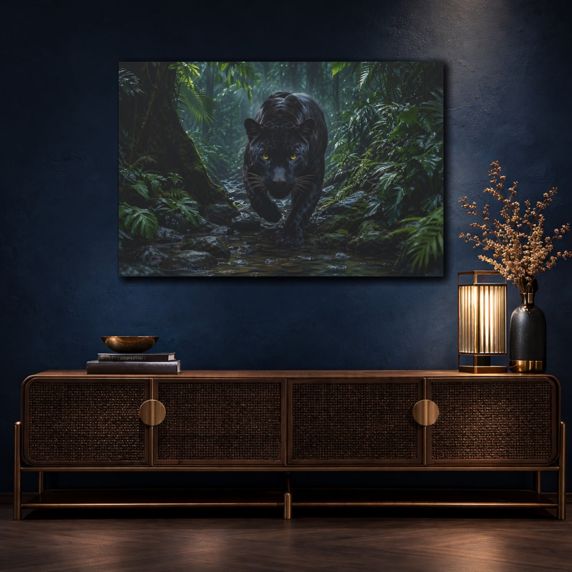Mockup 4. Animals Black Panther Black Panther Jungle shown as stretched canvas wall art