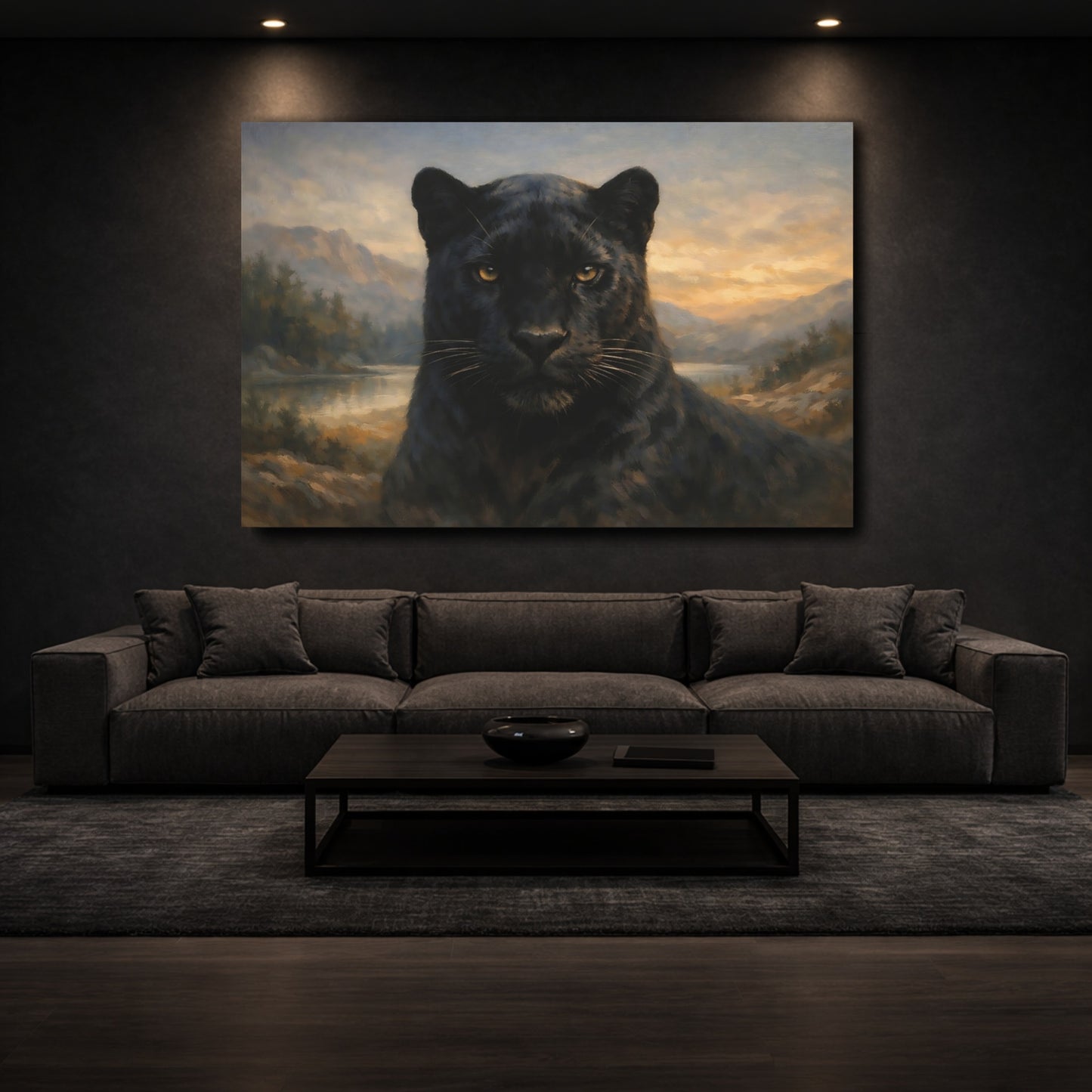 Mockup 2. Animals Black Panther Black Panther Landscape shown as stretched canvas wall art