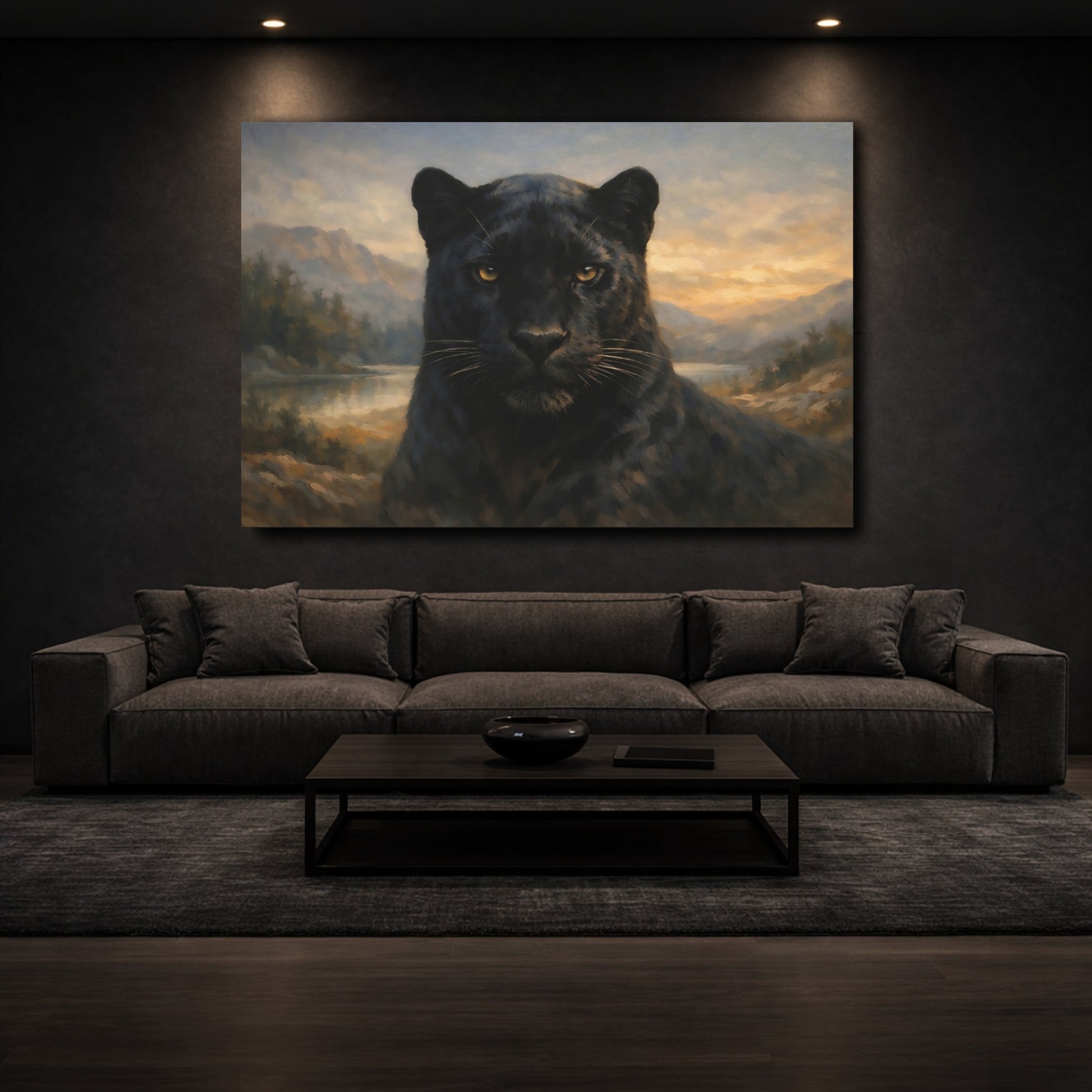 Mockup 2. Animals Black Panther Black Panther Landscape shown as stretched canvas wall art