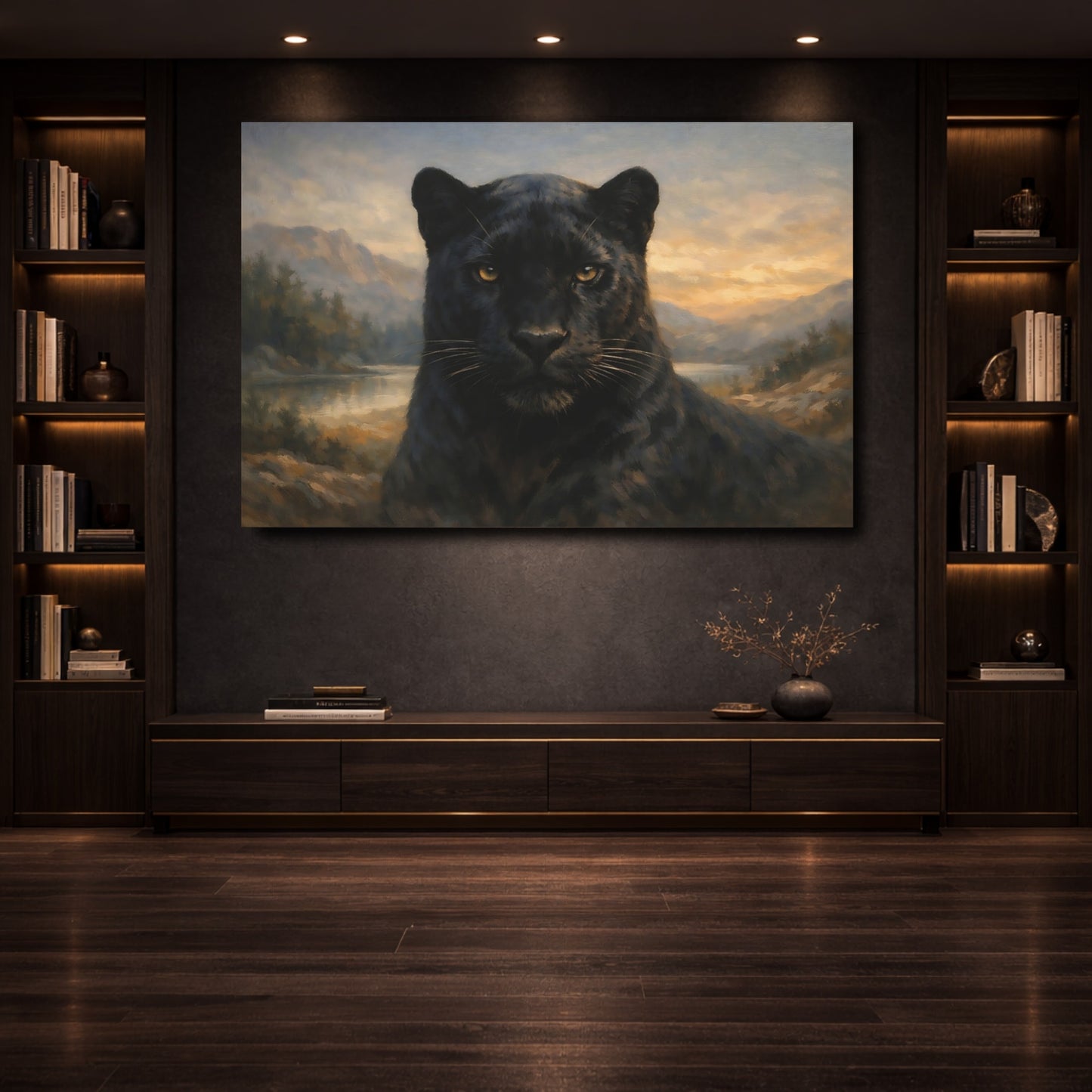 Mockup 3. Animals Black Panther Black Panther Landscape shown as stretched canvas wall art