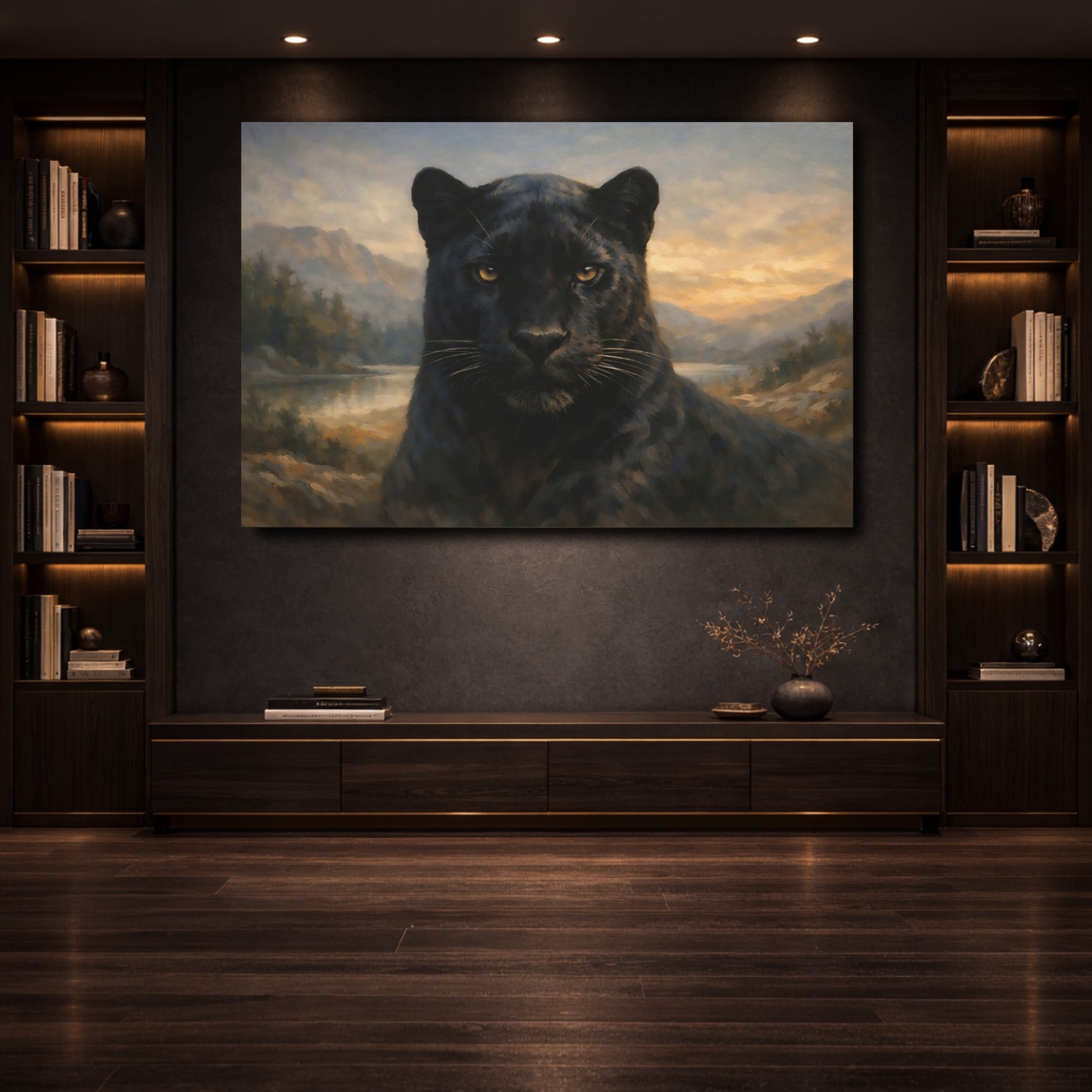Mockup 3. Animals Black Panther Black Panther Landscape shown as stretched canvas wall art