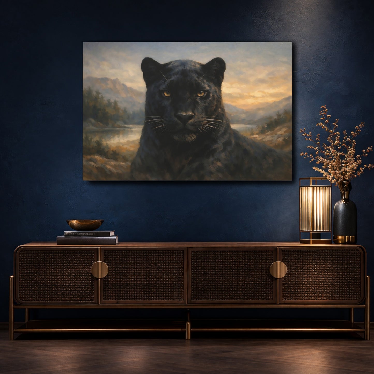 Mockup 4. Animals Black Panther Black Panther Landscape shown as stretched canvas wall art