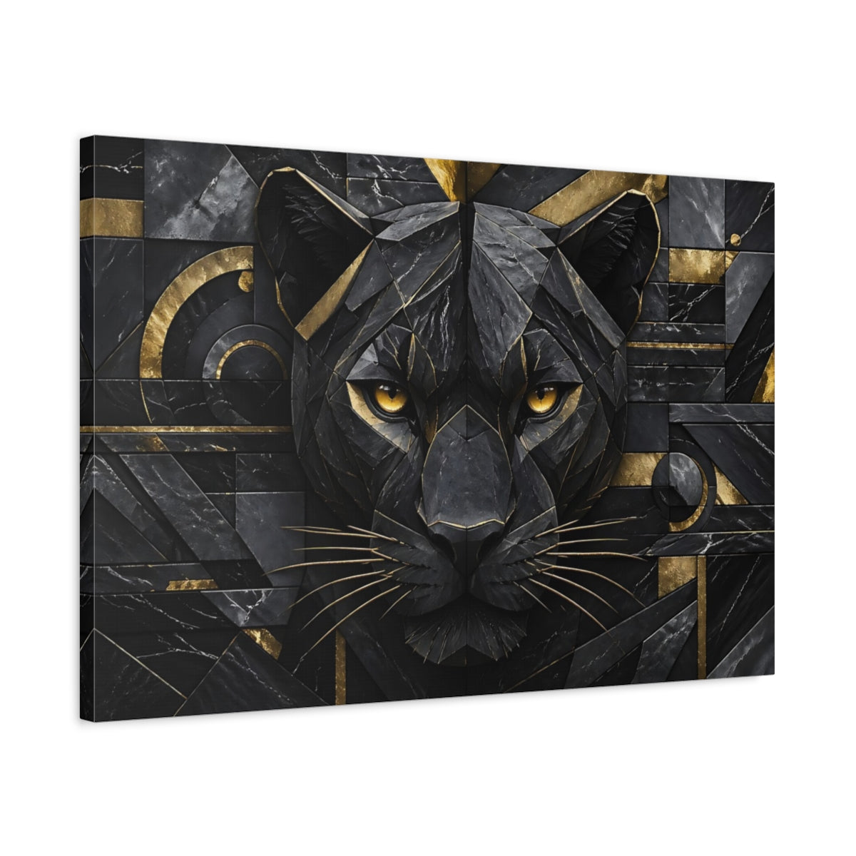 Side Mockup 2. Animals Black Panther Black Gold Panther shown as stretched canvas wall art