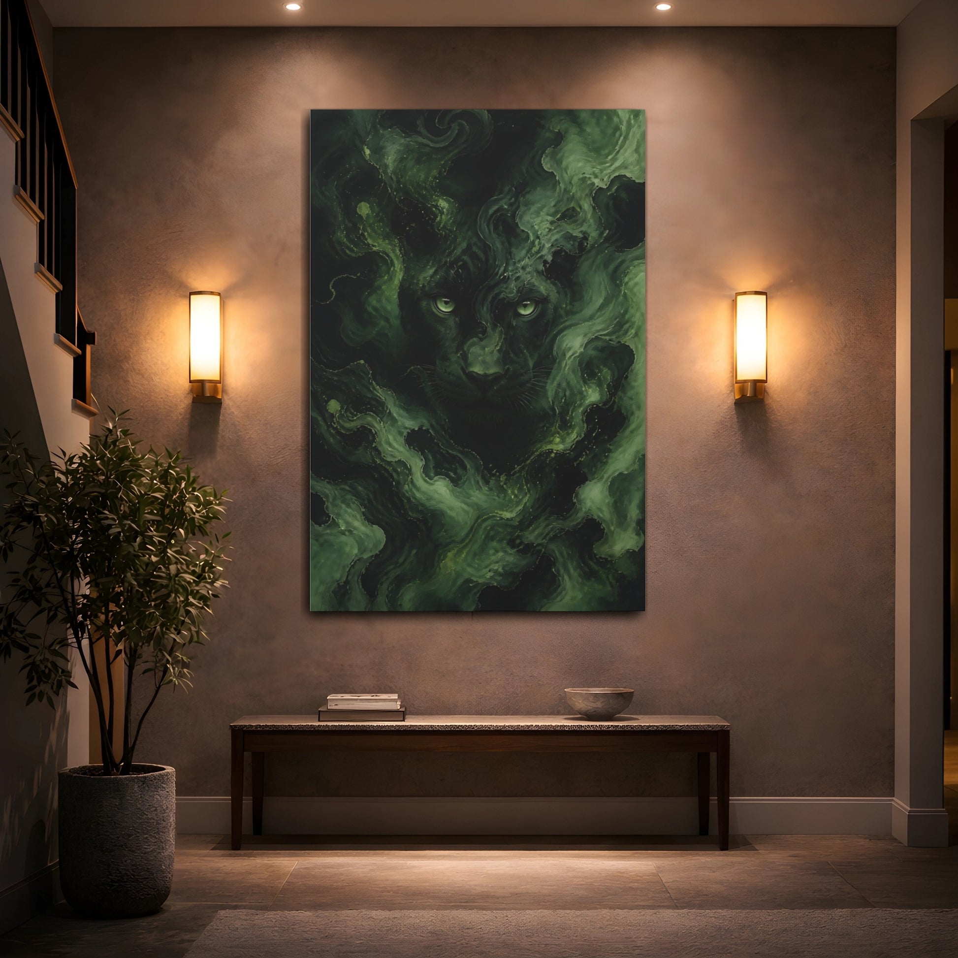 Mockup 2. Animals Black Panther Green And Black Panther shown as stretched canvas wall art