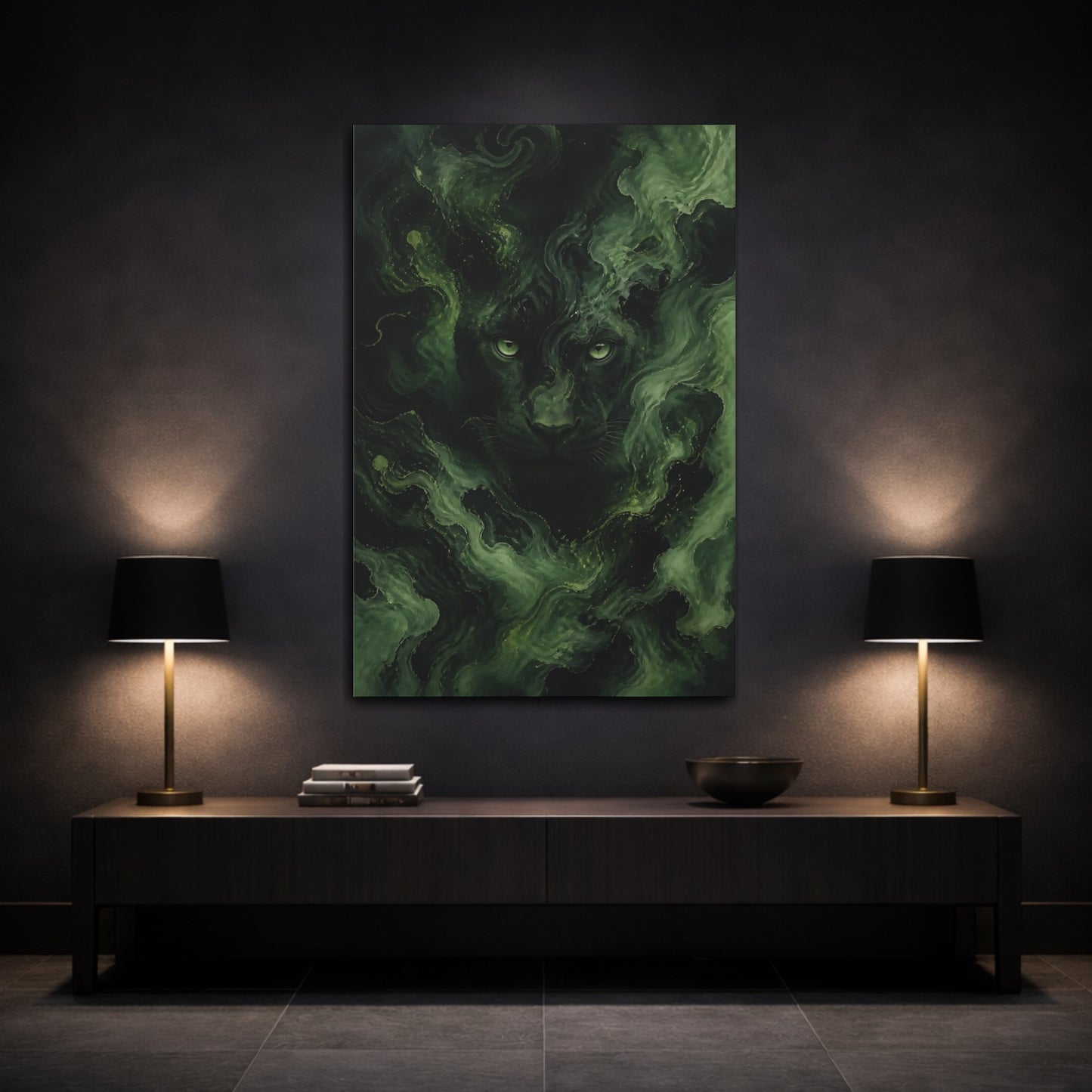 Mockup 3. Animals Black Panther Green And Black Panther shown as stretched canvas wall art