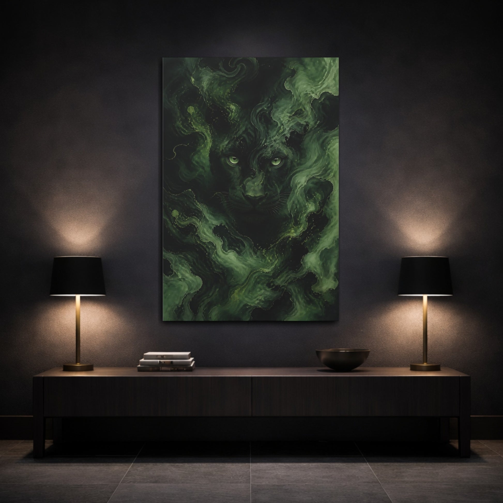Mockup 3. Animals Black Panther Green And Black Panther shown as stretched canvas wall art