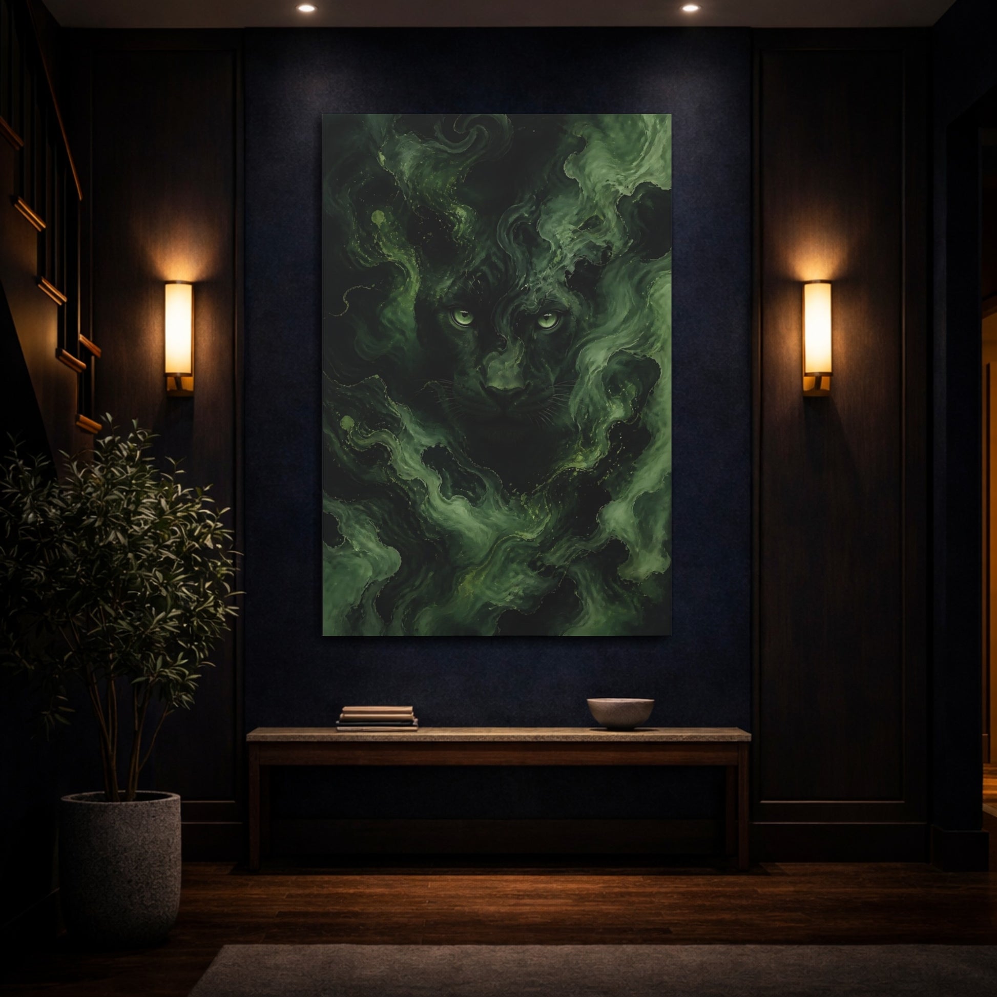 Mockup 4. Animals Black Panther Green And Black Panther shown as stretched canvas wall art