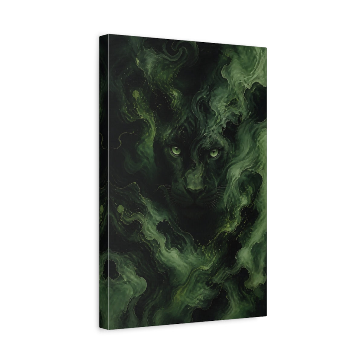 Side Mockup 4. Animals Black Panther Green And Black Panther shown as stretched canvas wall art