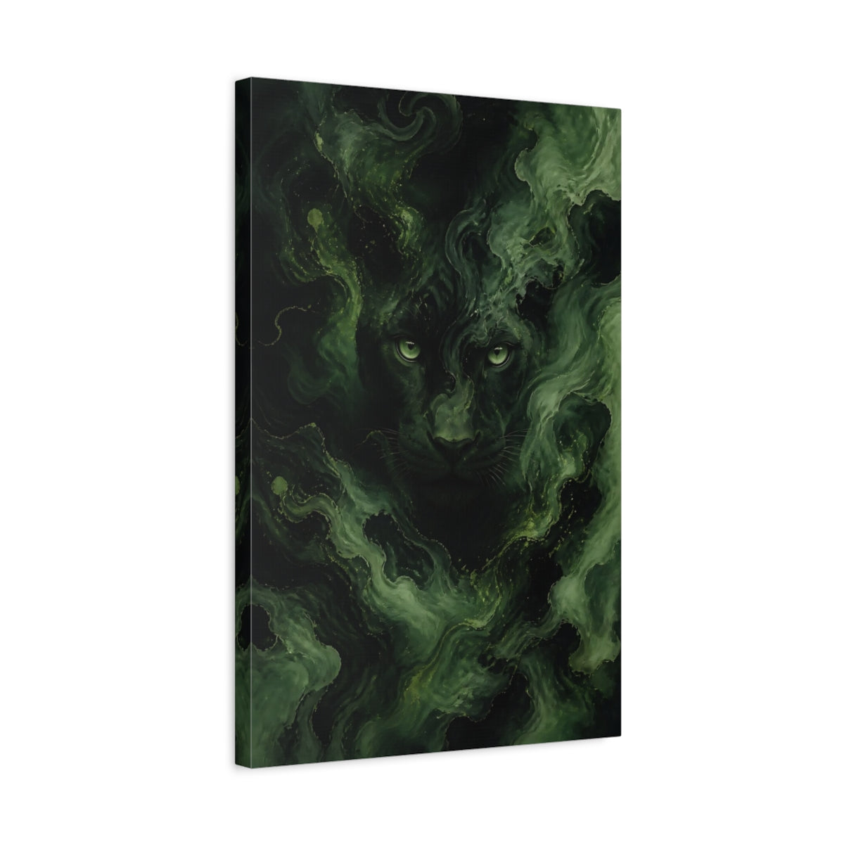 Side Mockup 3. Animals Black Panther Green And Black Panther shown as stretched canvas wall art