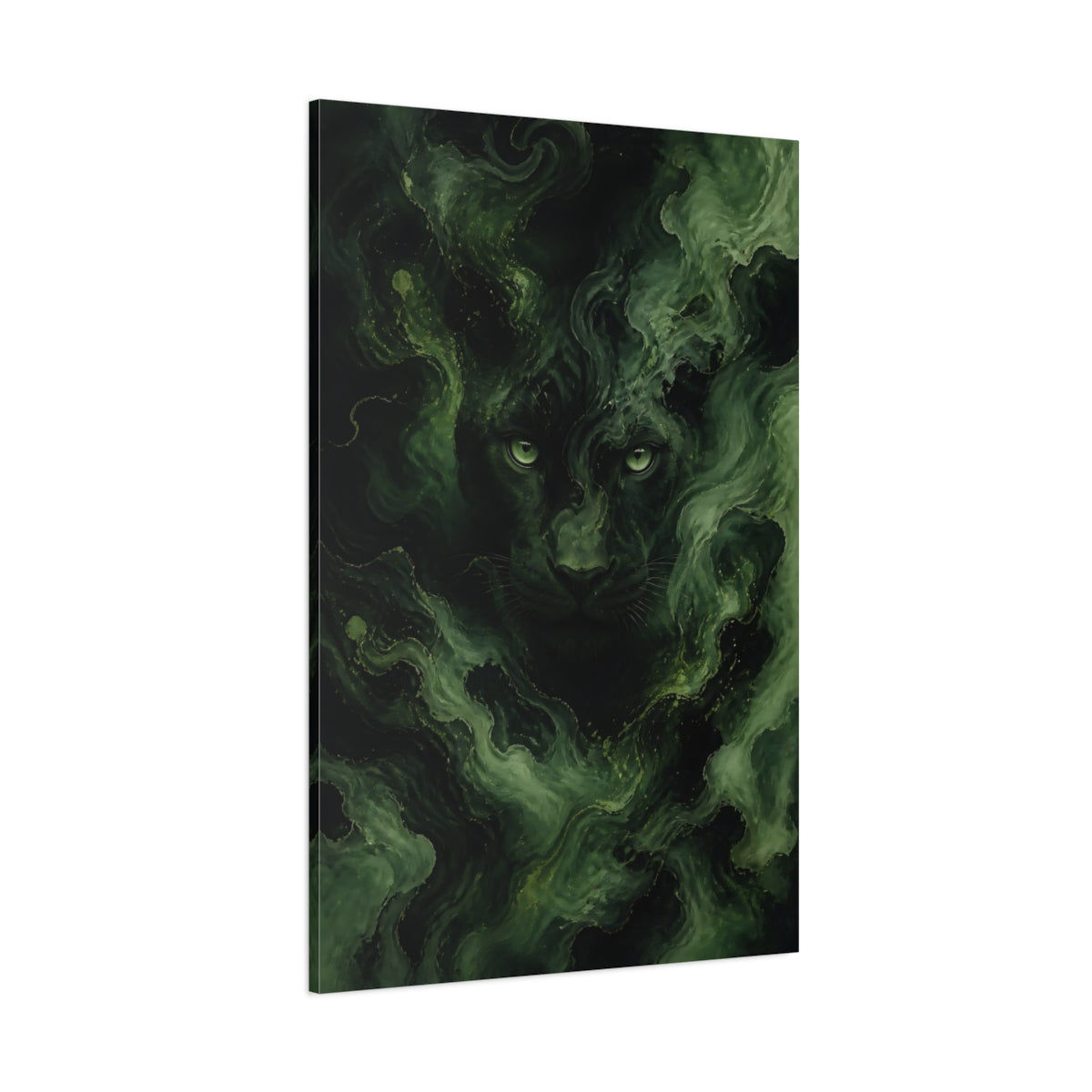 Side Mockup 1. Animals Black Panther Green And Black Panther shown as stretched canvas wall art