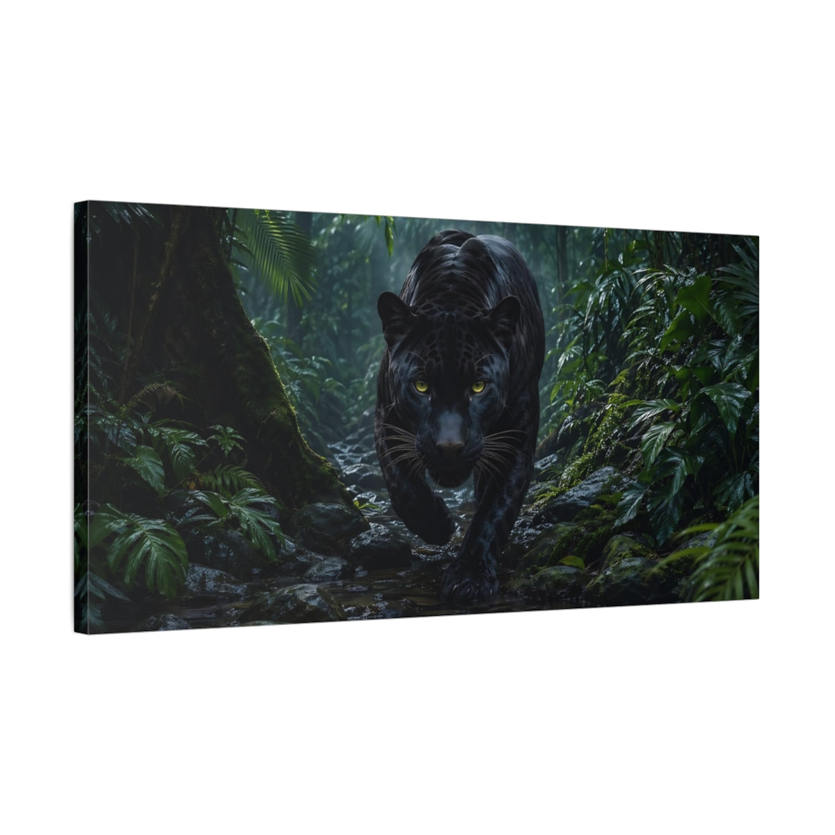 Side Mockup 1. Animals Black Panther Black Panther Jungle shown as stretched canvas wall art