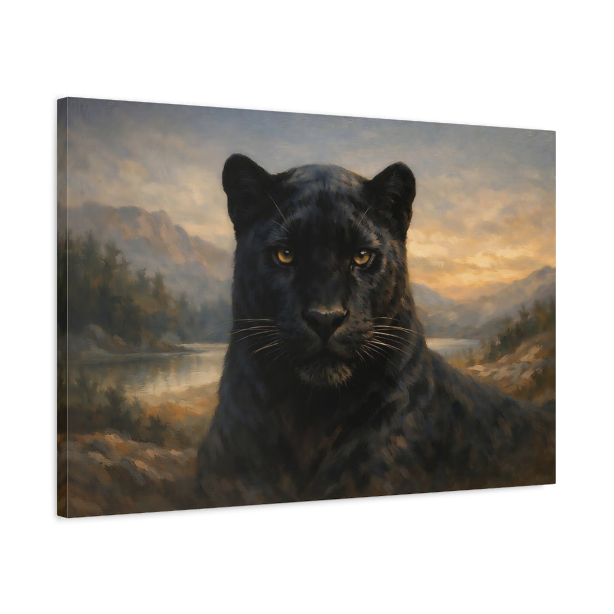 Side Mockup 2. Animals Black Panther Black Panther Landscape shown as stretched canvas wall art