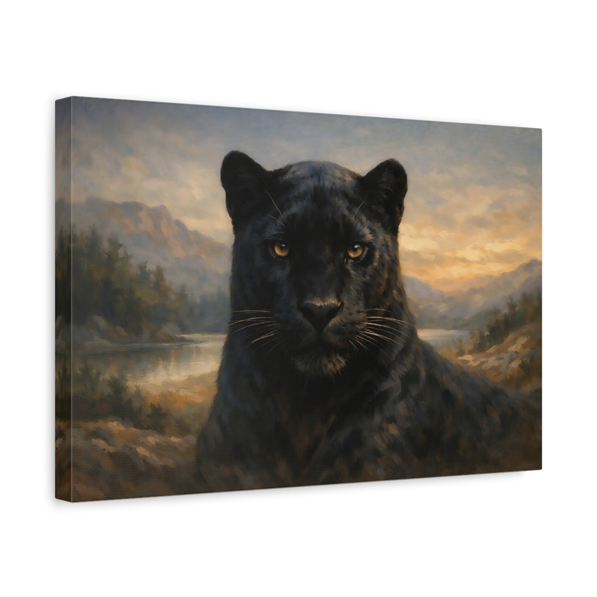 Side Mockup 4. Animals Black Panther Black Panther Landscape shown as stretched canvas wall art