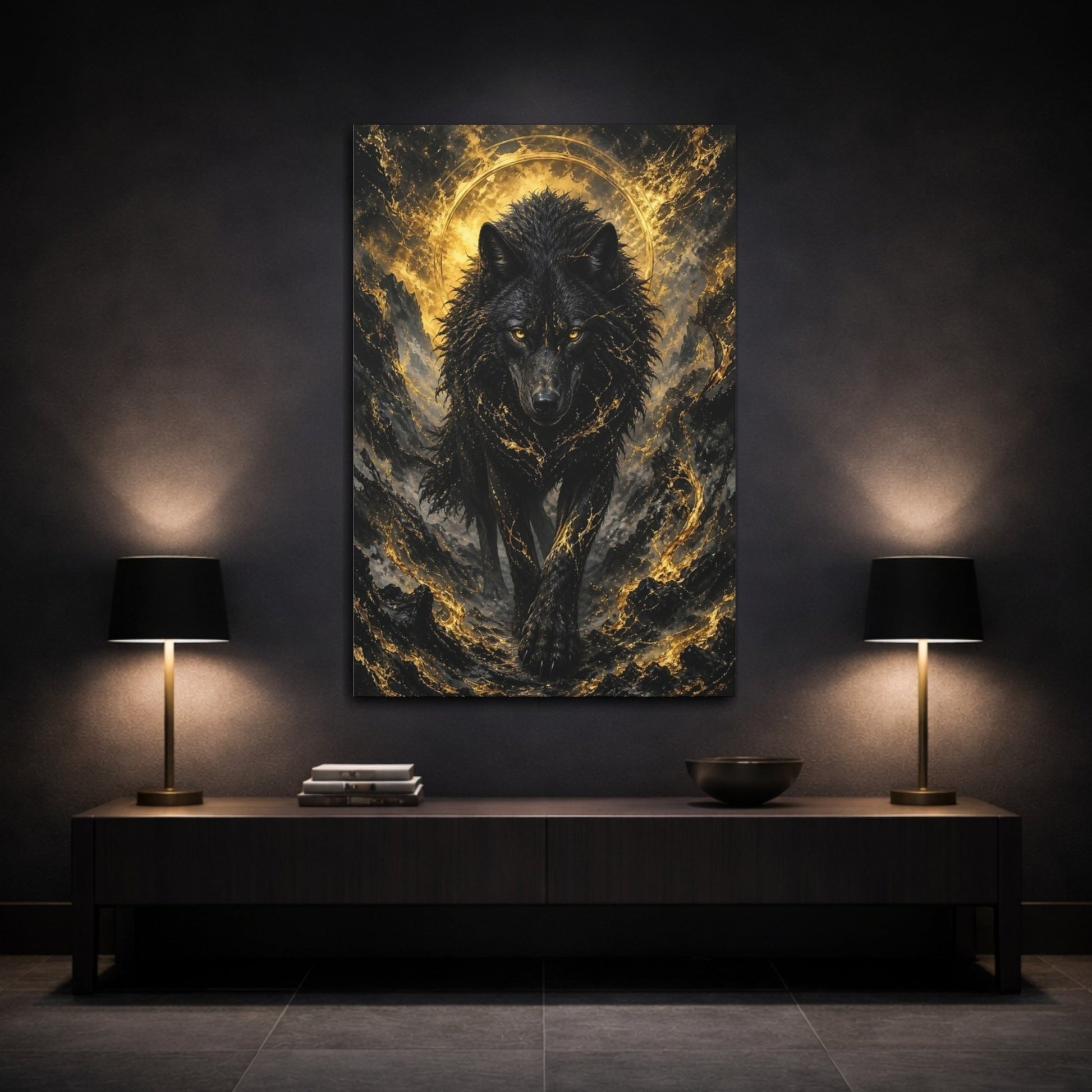 Animals Black Wolf And Gold Canvas Wall Art Print – dark fantasy Living Room, Large - YesArtYes