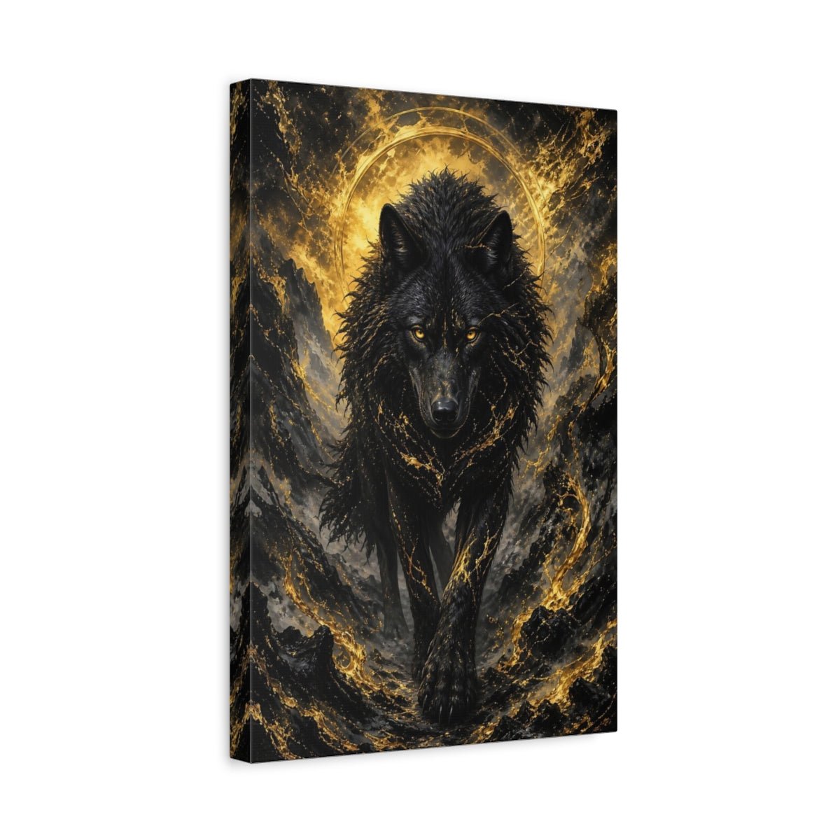 Animals Black Wolf And Gold Canvas Wall Art Print – dark fantasy Living Room, Large - YesArtYes