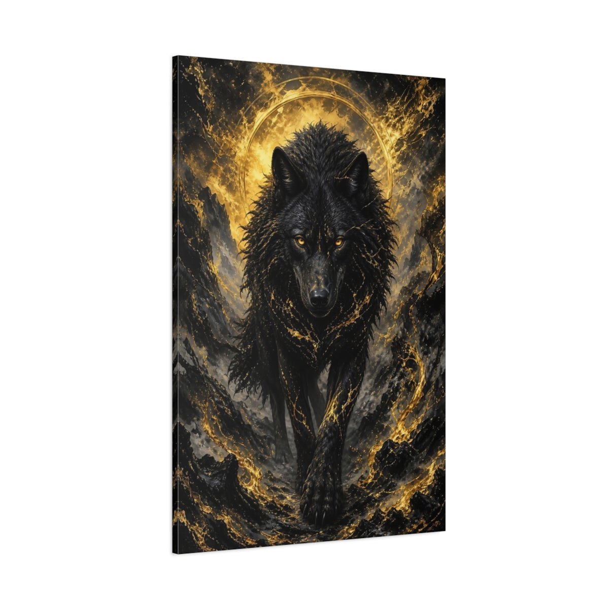 Animals Black Wolf And Gold Canvas Wall Art Print – dark fantasy Living Room, Large - YesArtYes
