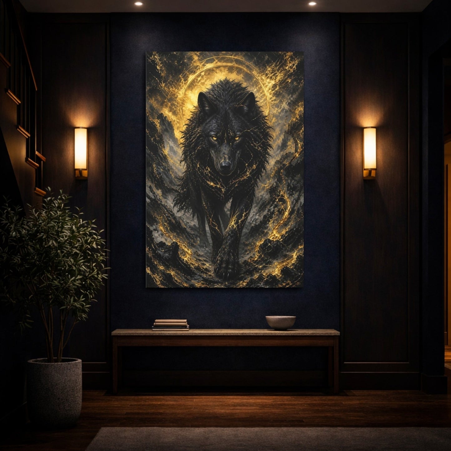 Animals Black Wolf And Gold Canvas Wall Art Print – dark fantasy Living Room, Large - YesArtYes