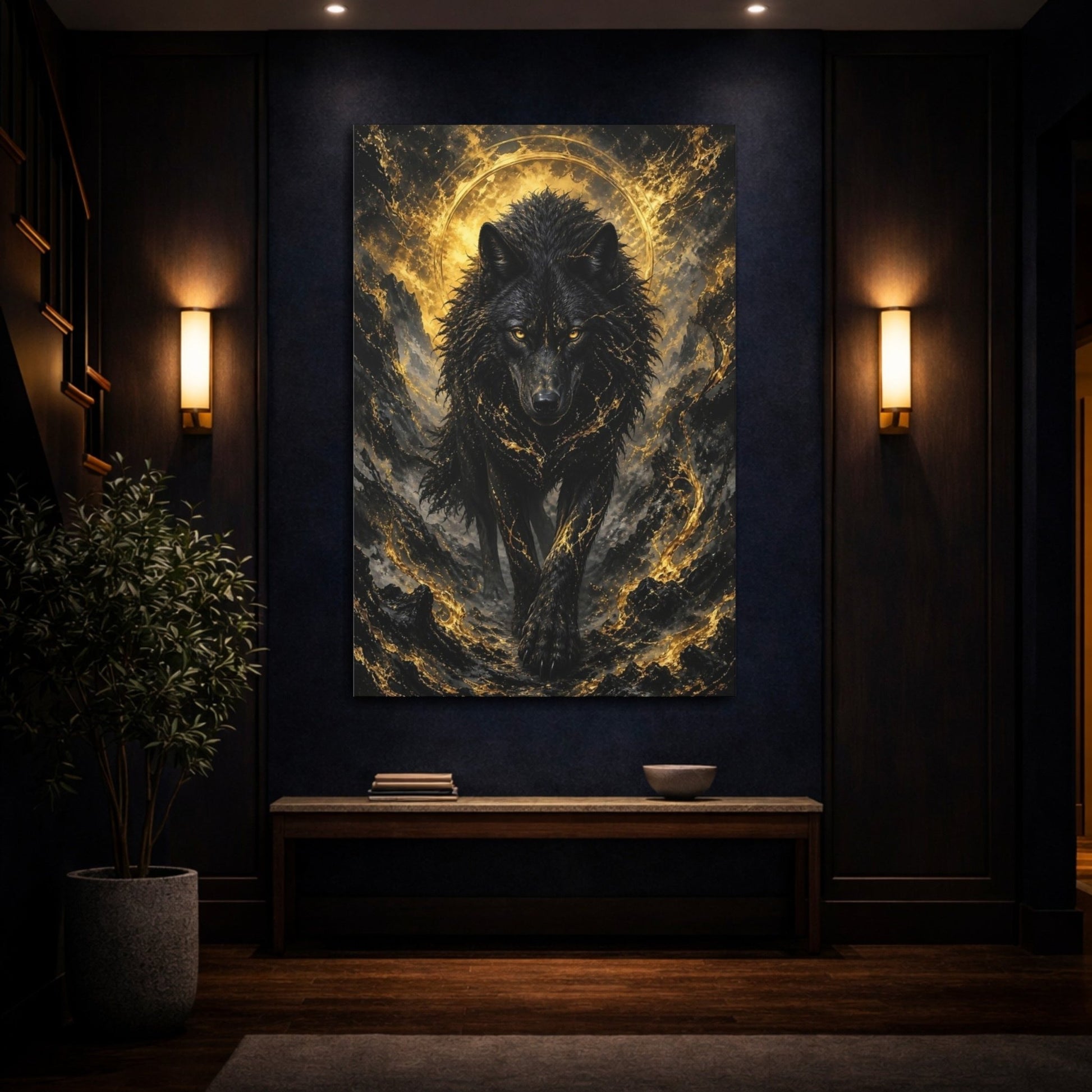 Animals Black Wolf And Gold Canvas Wall Art Print – dark fantasy Living Room, Large - YesArtYes