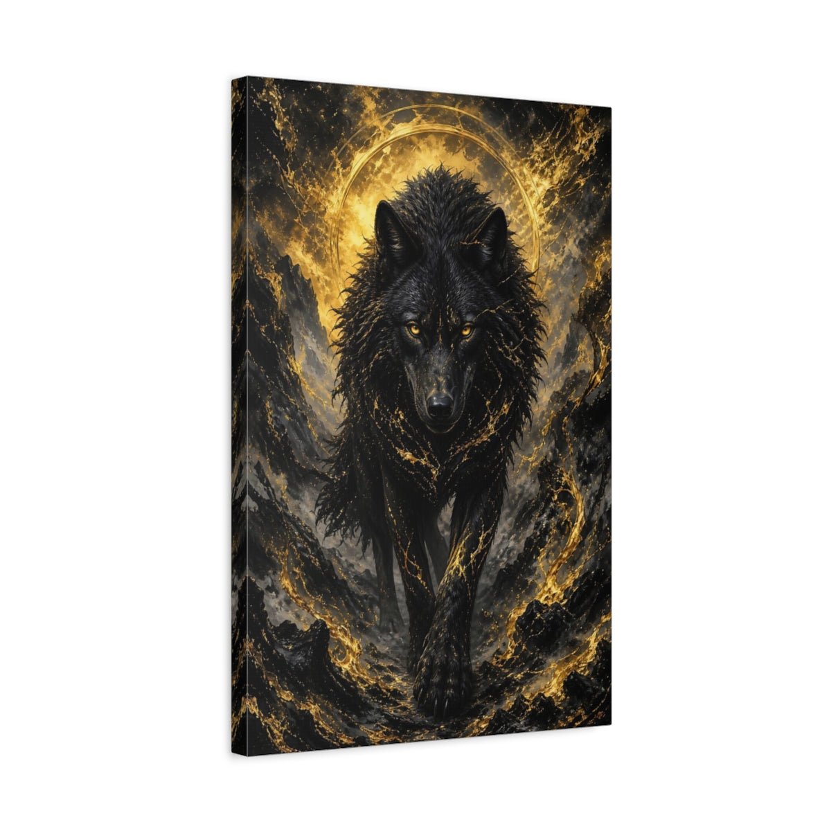 Animals Black Wolf And Gold Canvas Wall Art Print – dark fantasy Living Room, Large - YesArtYes