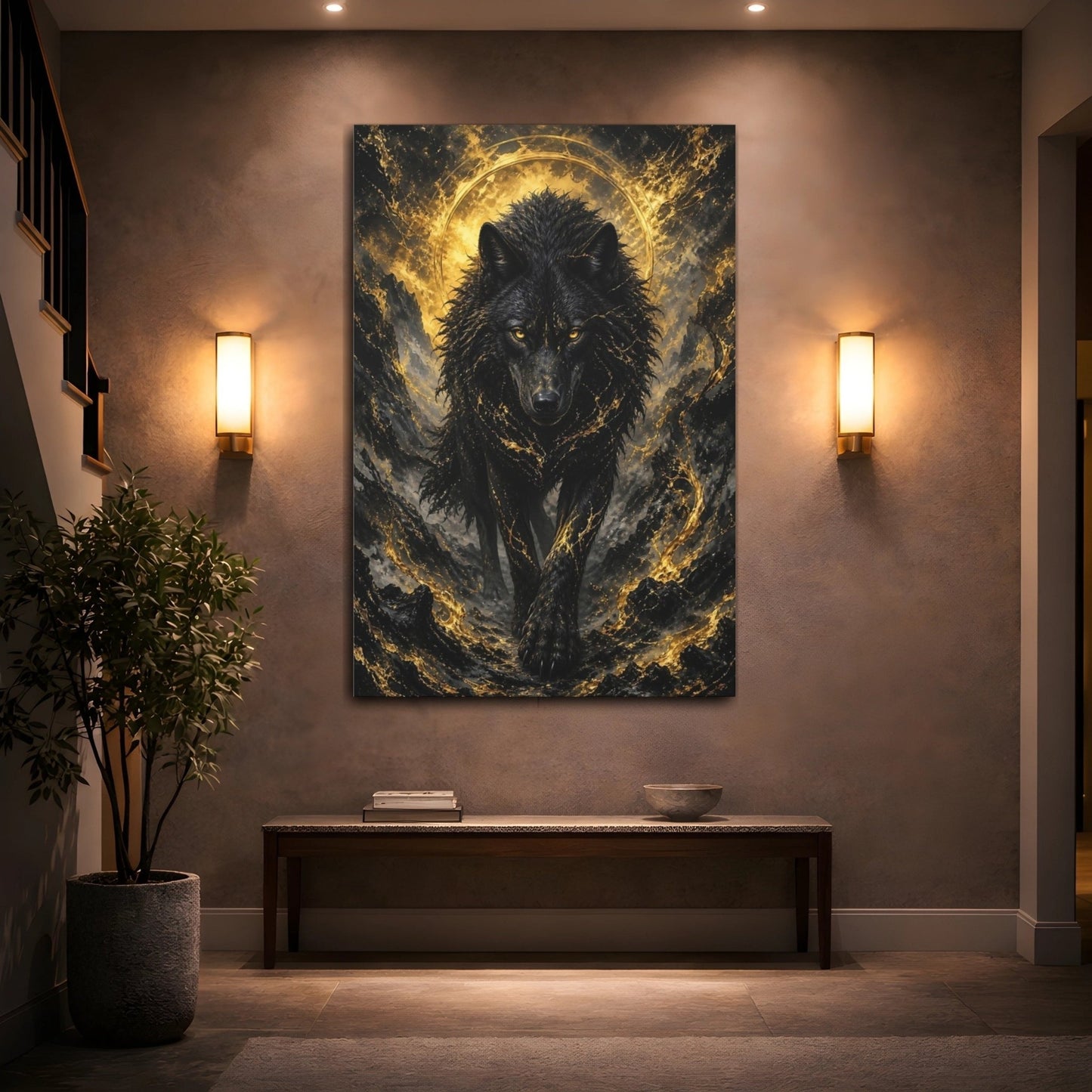 Animals Black Wolf And Gold Canvas Wall Art Print – dark fantasy Living Room, Large - YesArtYes
