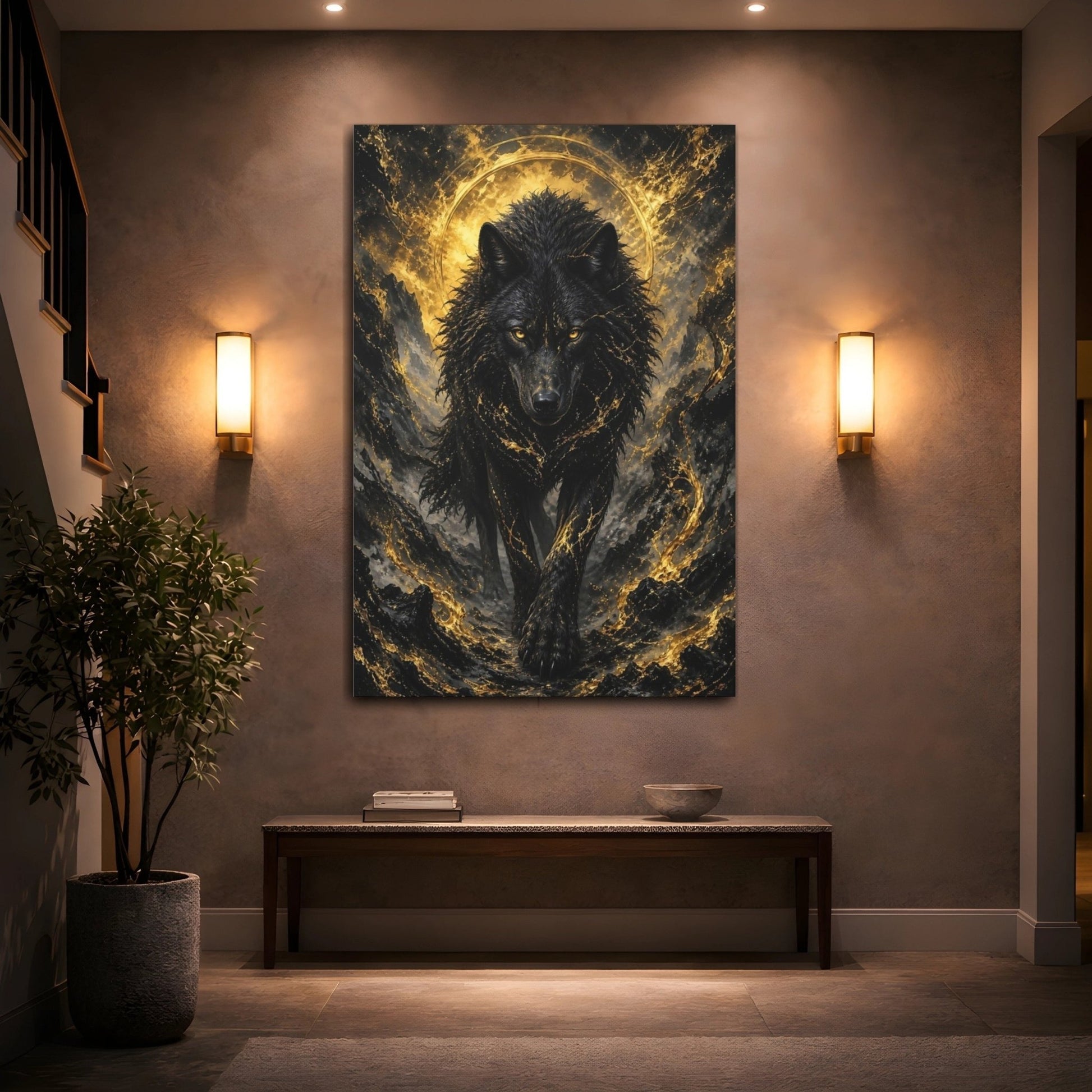 Animals Black Wolf And Gold Canvas Wall Art Print – dark fantasy Living Room, Large - YesArtYes
