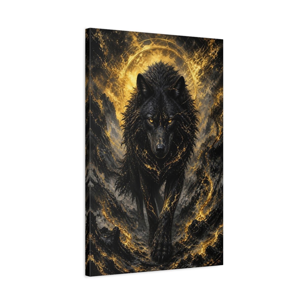 Animals Black Wolf And Gold Canvas Wall Art Print – dark fantasy Living Room, Large - YesArtYes