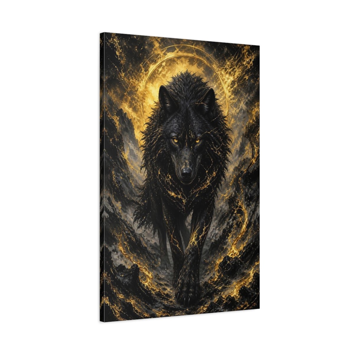 Animals Black Wolf And Gold Canvas Wall Art Print – dark fantasy Living Room, Large - YesArtYes