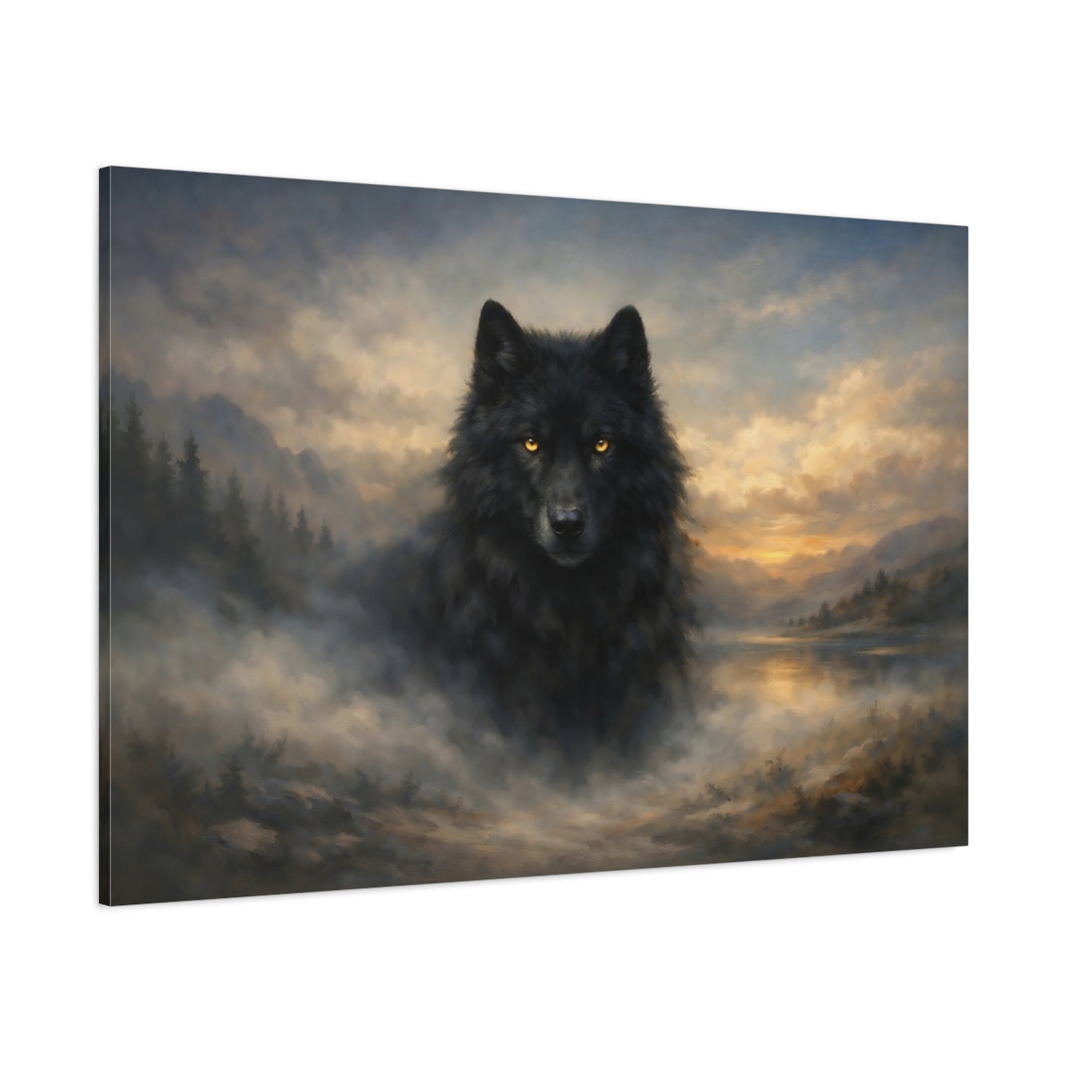 Main Mockup. Animals Black Wolf Black Wolf Landscape shown as stretched canvas wall art