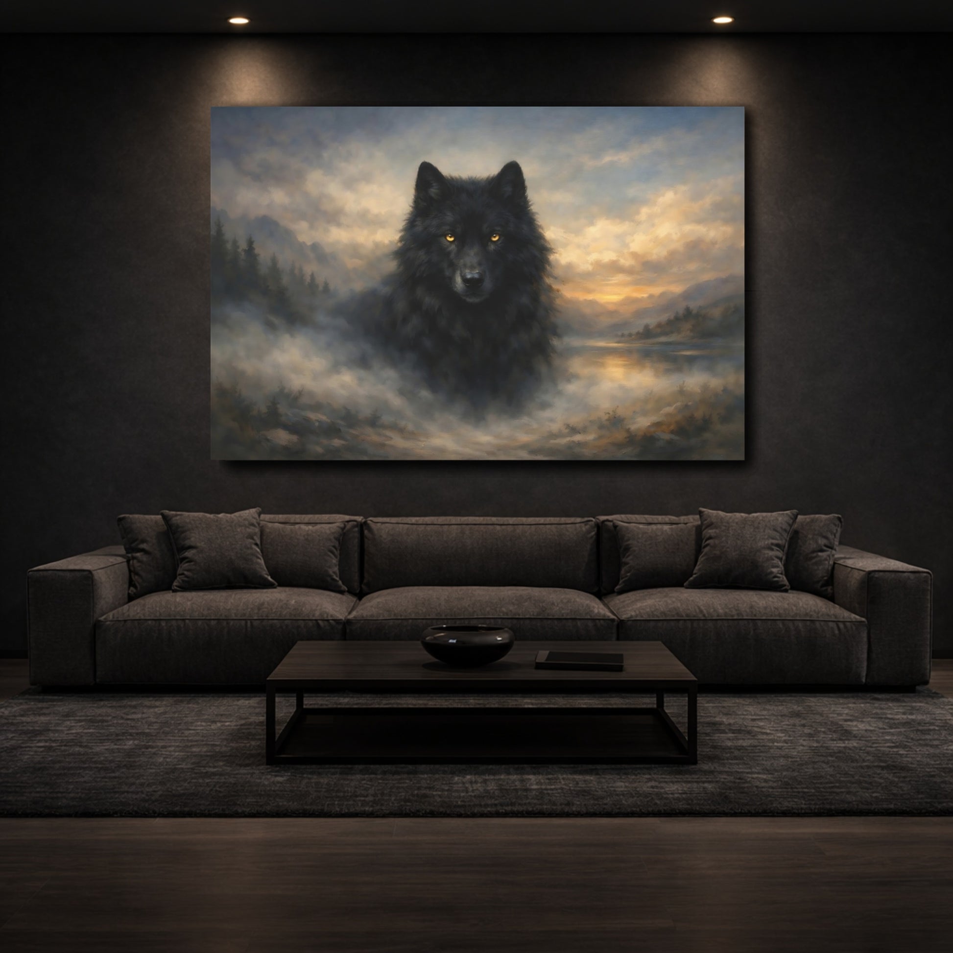 Mockup 2. Animals Black Wolf Black Wolf Landscape shown as stretched canvas wall art