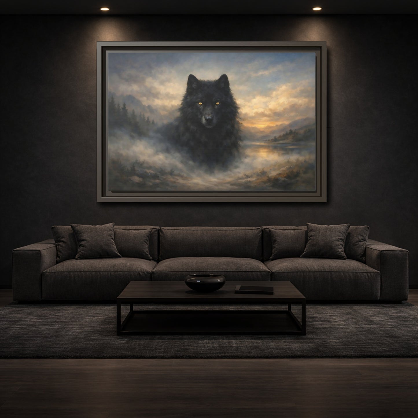 Mockup 2. Animals Black Wolf Black Wolf Landscape shown as stretched canvas wall art