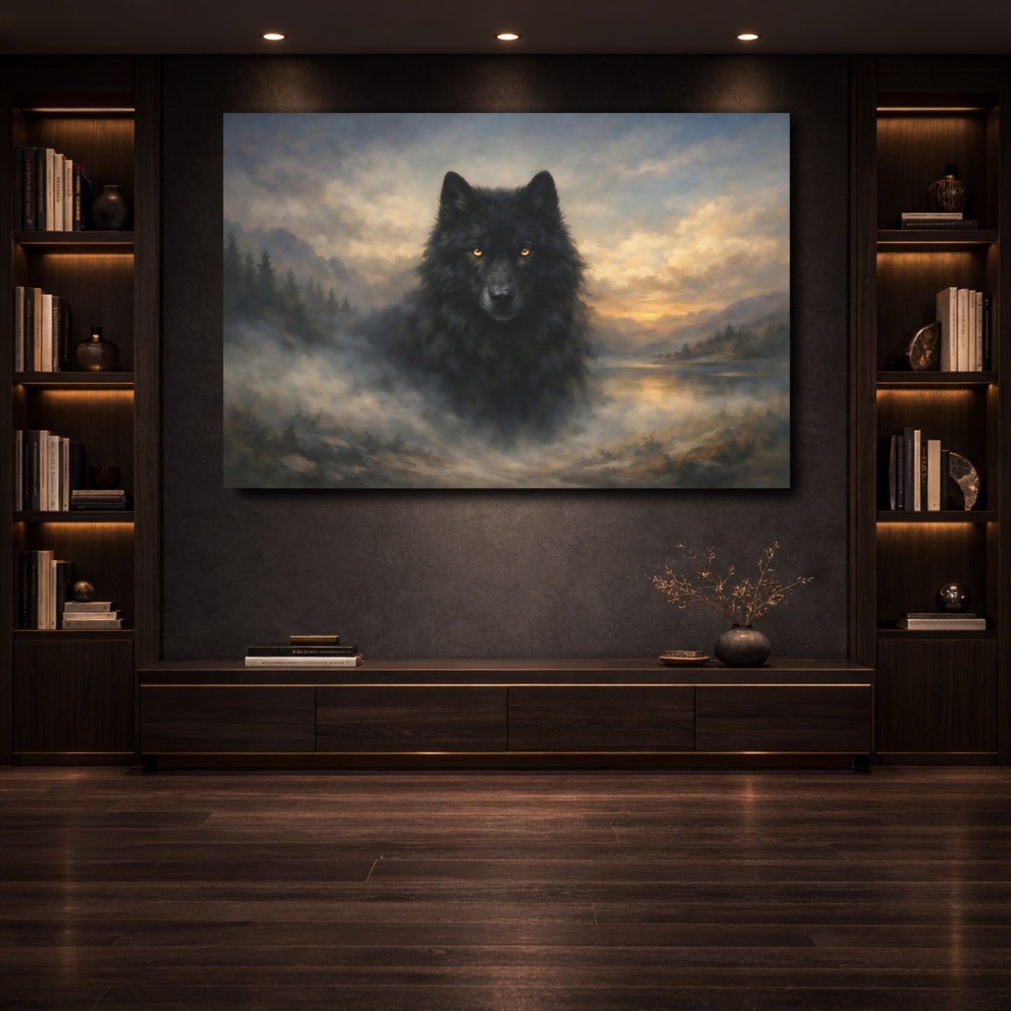 Mockup 3. Animals Black Wolf Black Wolf Landscape shown as stretched canvas wall art