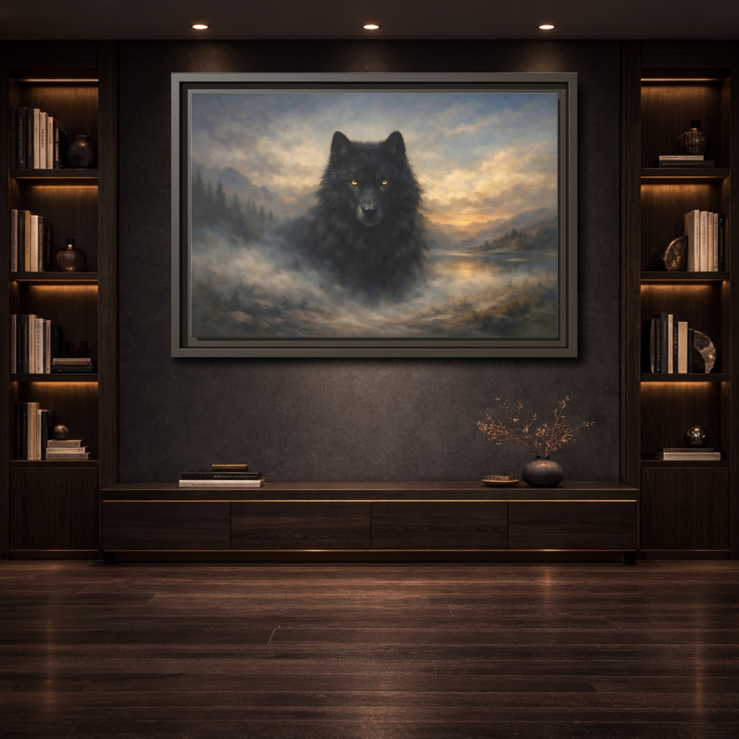 Mockup 3. Animals Black Wolf Black Wolf Landscape shown as stretched canvas wall art