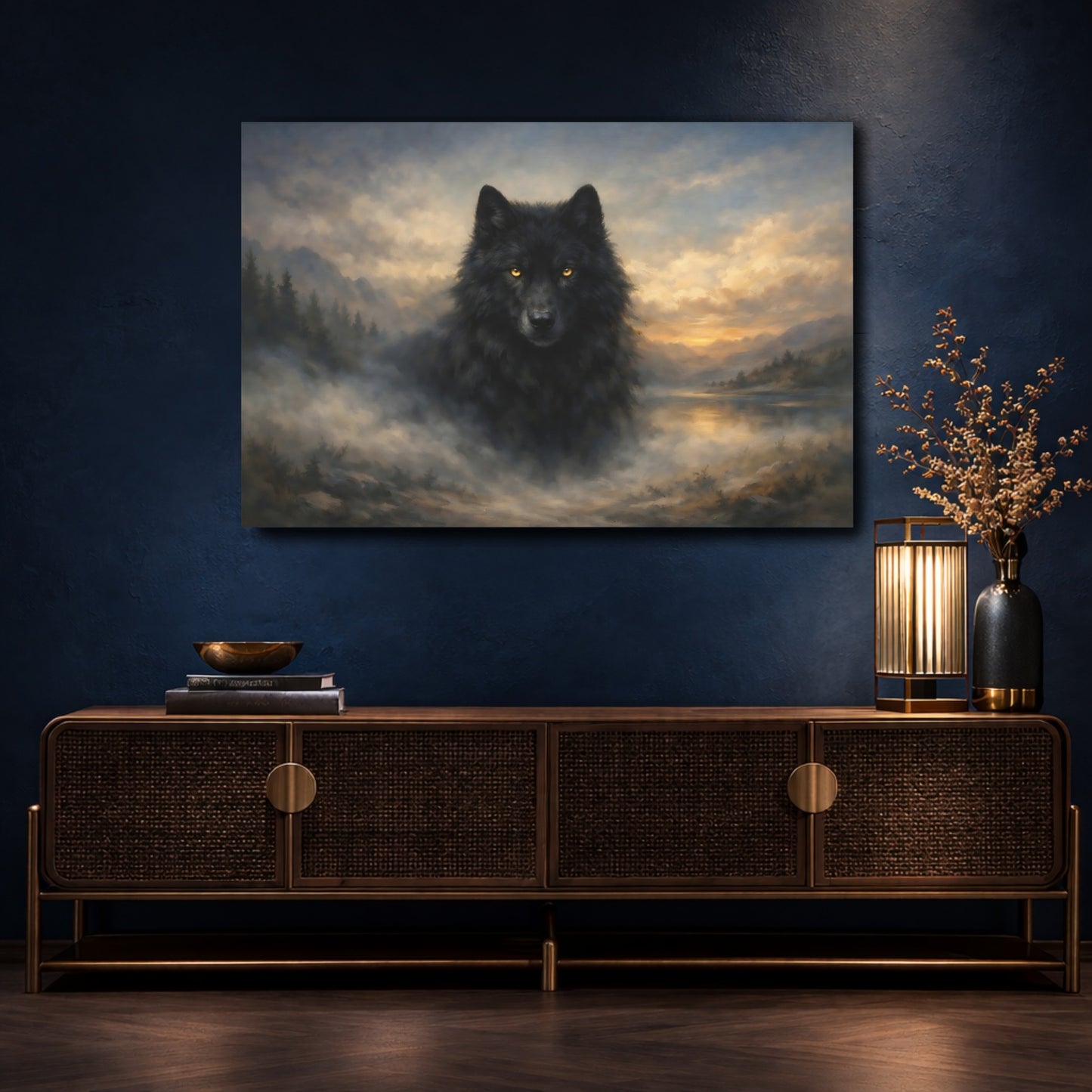 Mockup 4. Animals Black Wolf Black Wolf Landscape shown as stretched canvas wall art