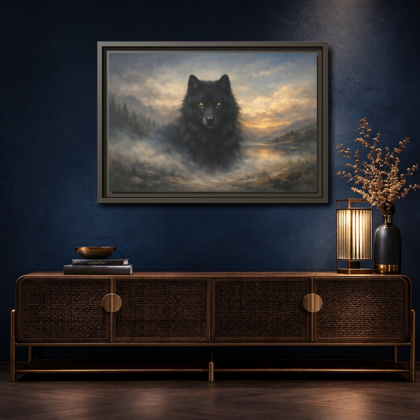 Mockup 4. Animals Black Wolf Black Wolf Landscape shown as stretched canvas wall art