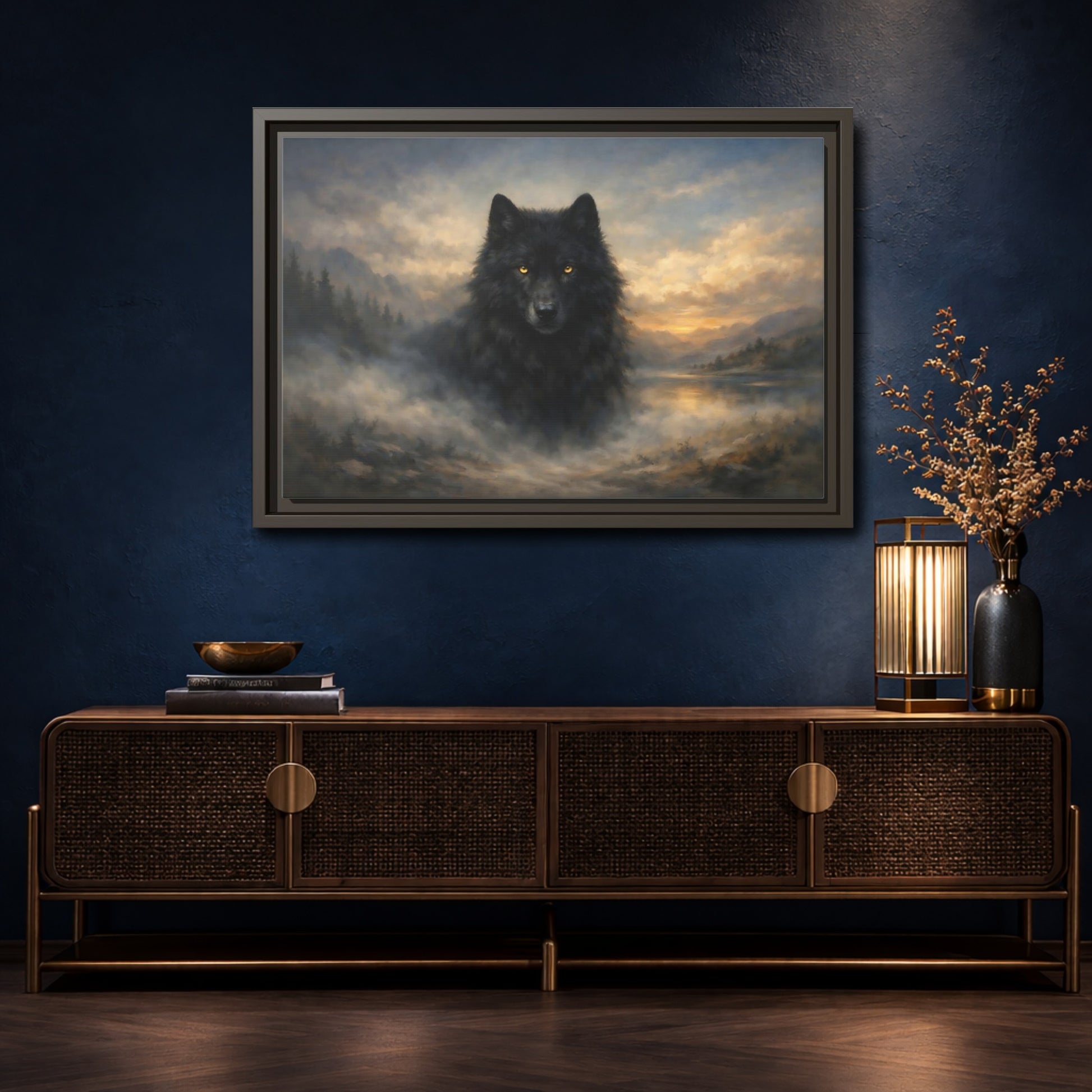 Mockup 4. Animals Black Wolf Black Wolf Landscape shown as stretched canvas wall art