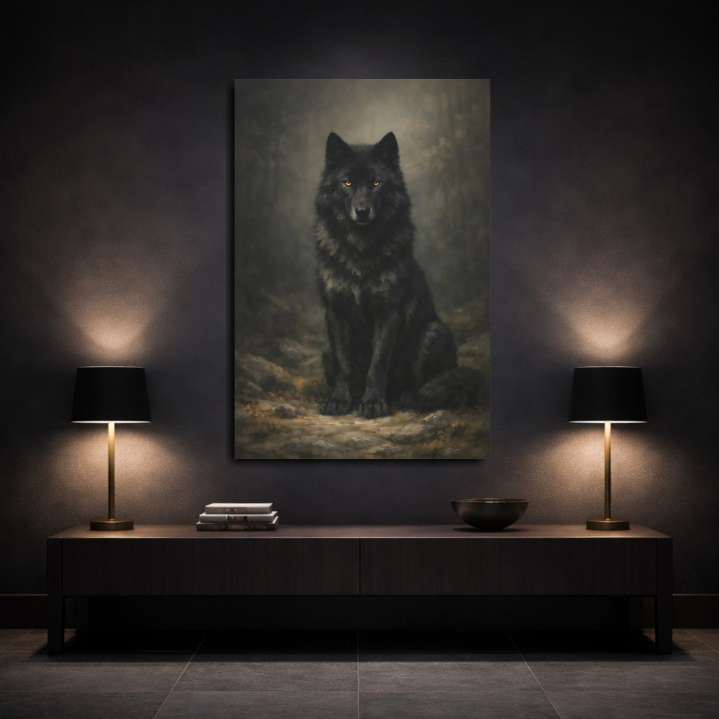 Mockup 2. Animals Black Wolf Black Wolf shown as stretched canvas wall art