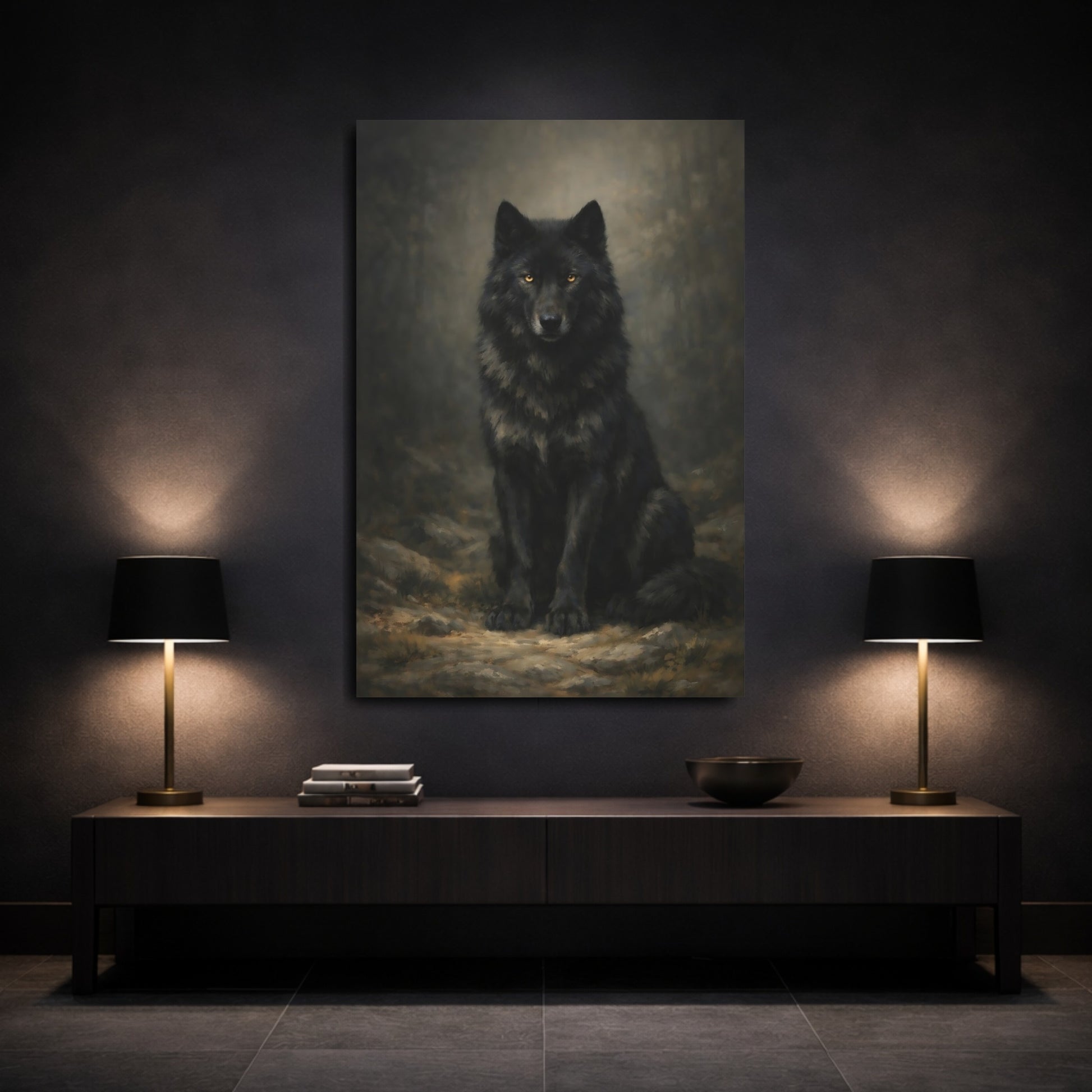 Mockup 2. Animals Black Wolf Black Wolf shown as stretched canvas wall art