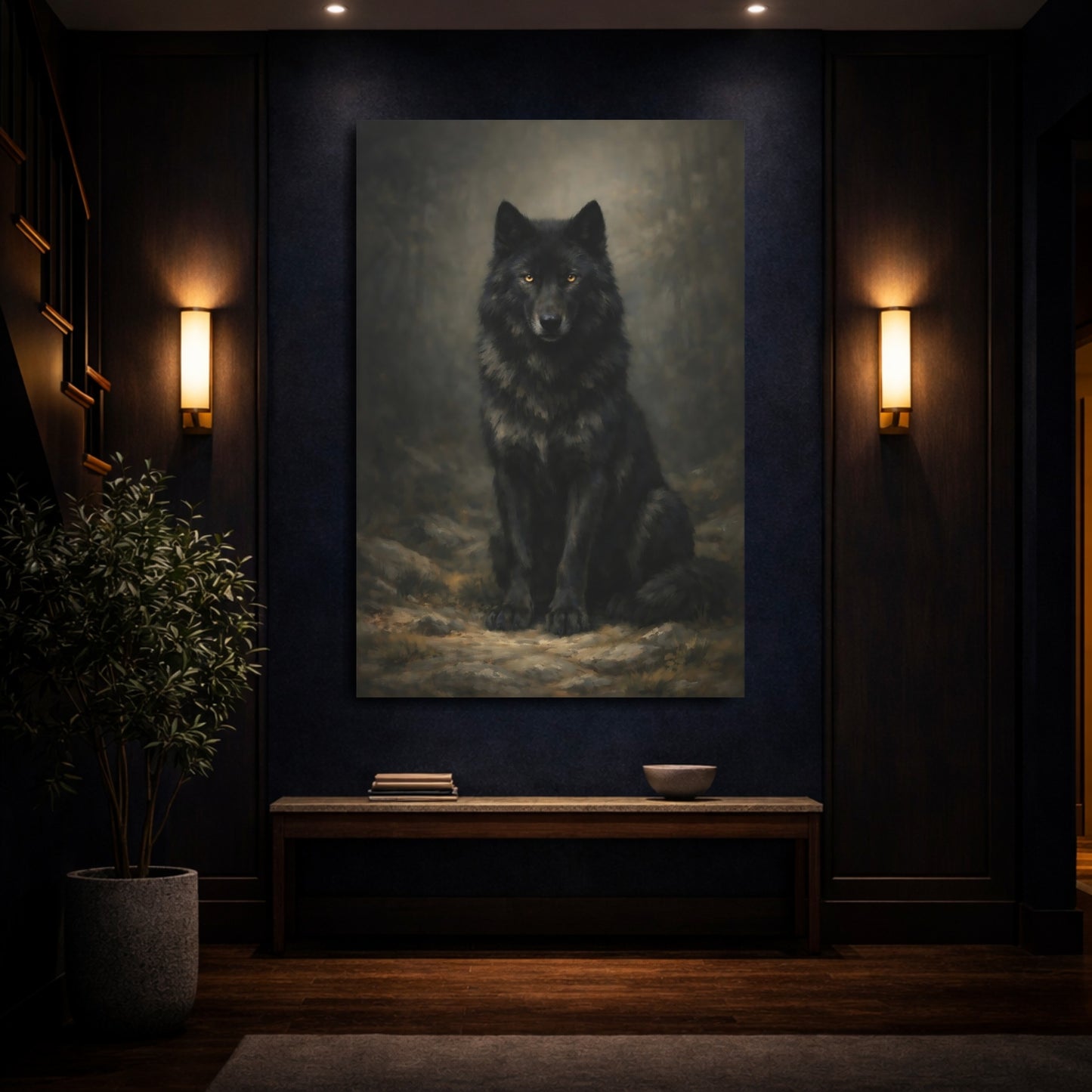 Mockup 3. Animals Black Wolf Black Wolf shown as stretched canvas wall art
