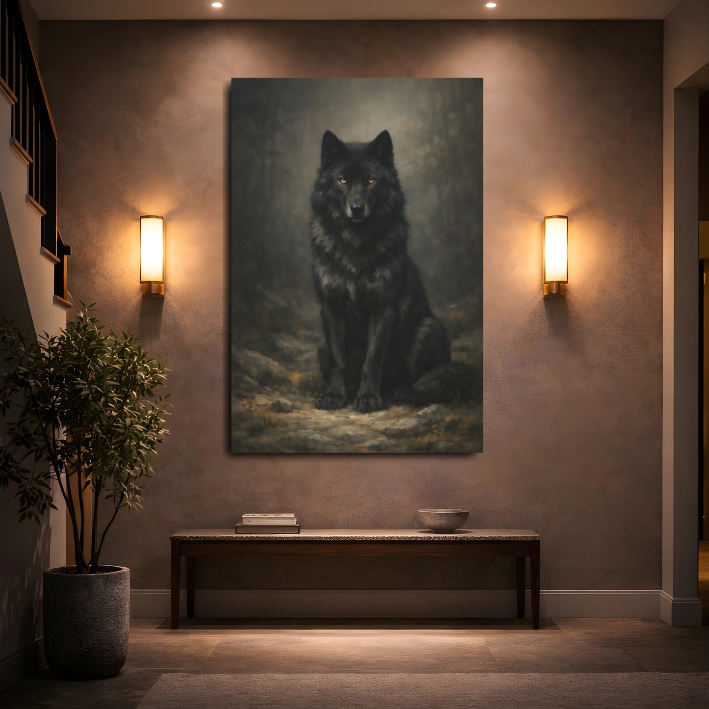 Mockup 4. Animals Black Wolf Black Wolf shown as stretched canvas wall art